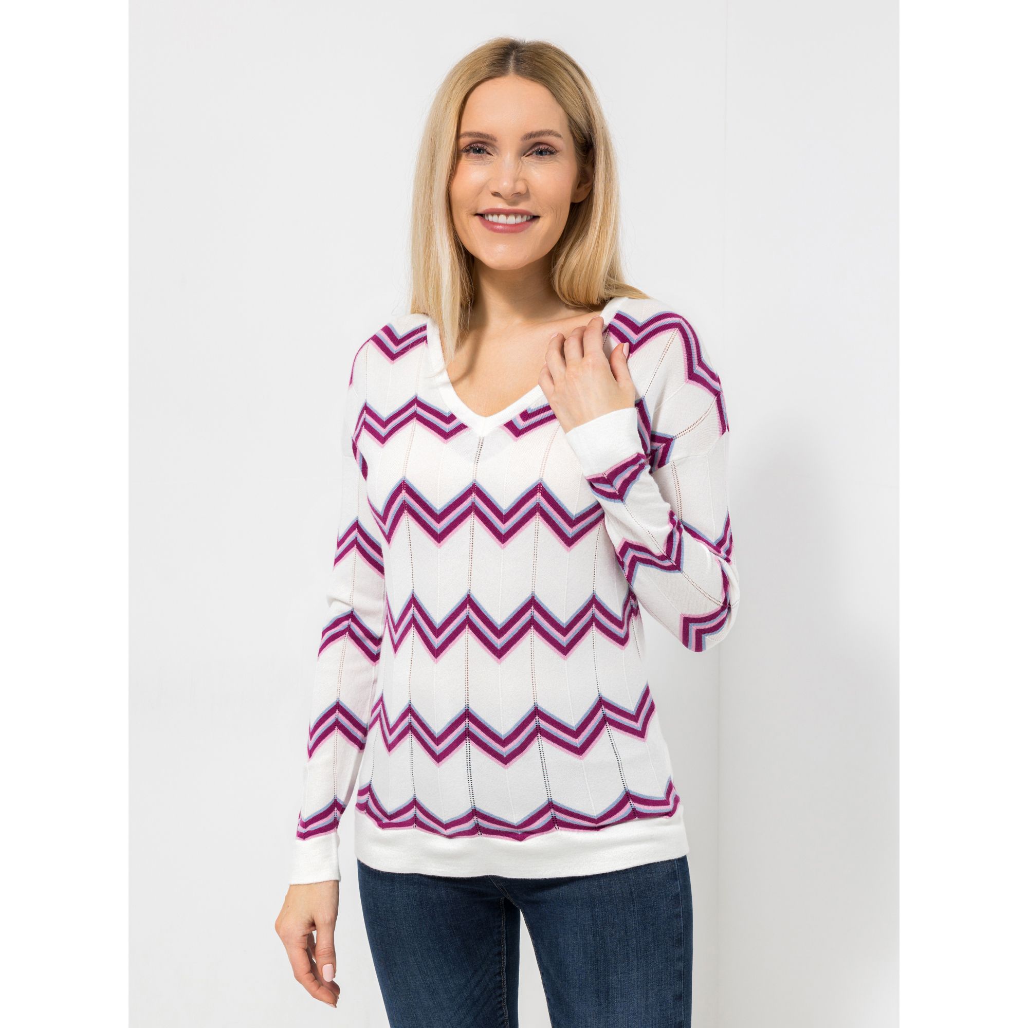 VIA MILANO Pullover, 1/1-Arm V-Ausschnitt Zickzack-Muster figurumspielend