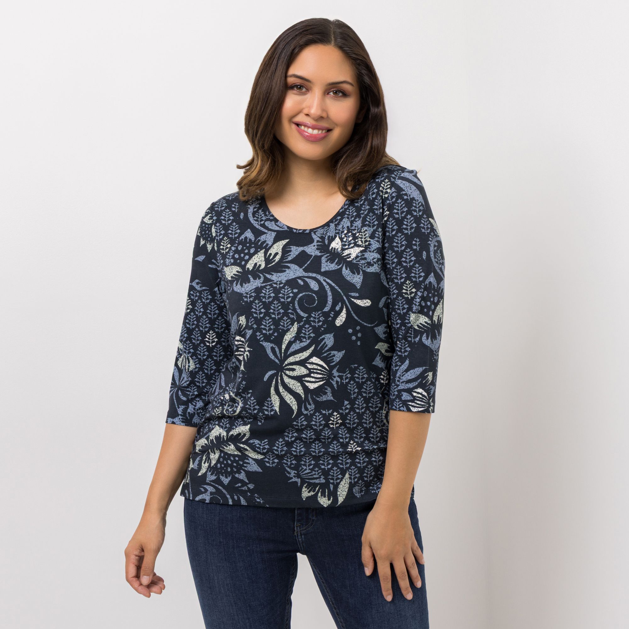 DENIM & CO. Shirt, 3/4-Arm Rundhalsausschnitt Seitenschlitze Allover-Druck