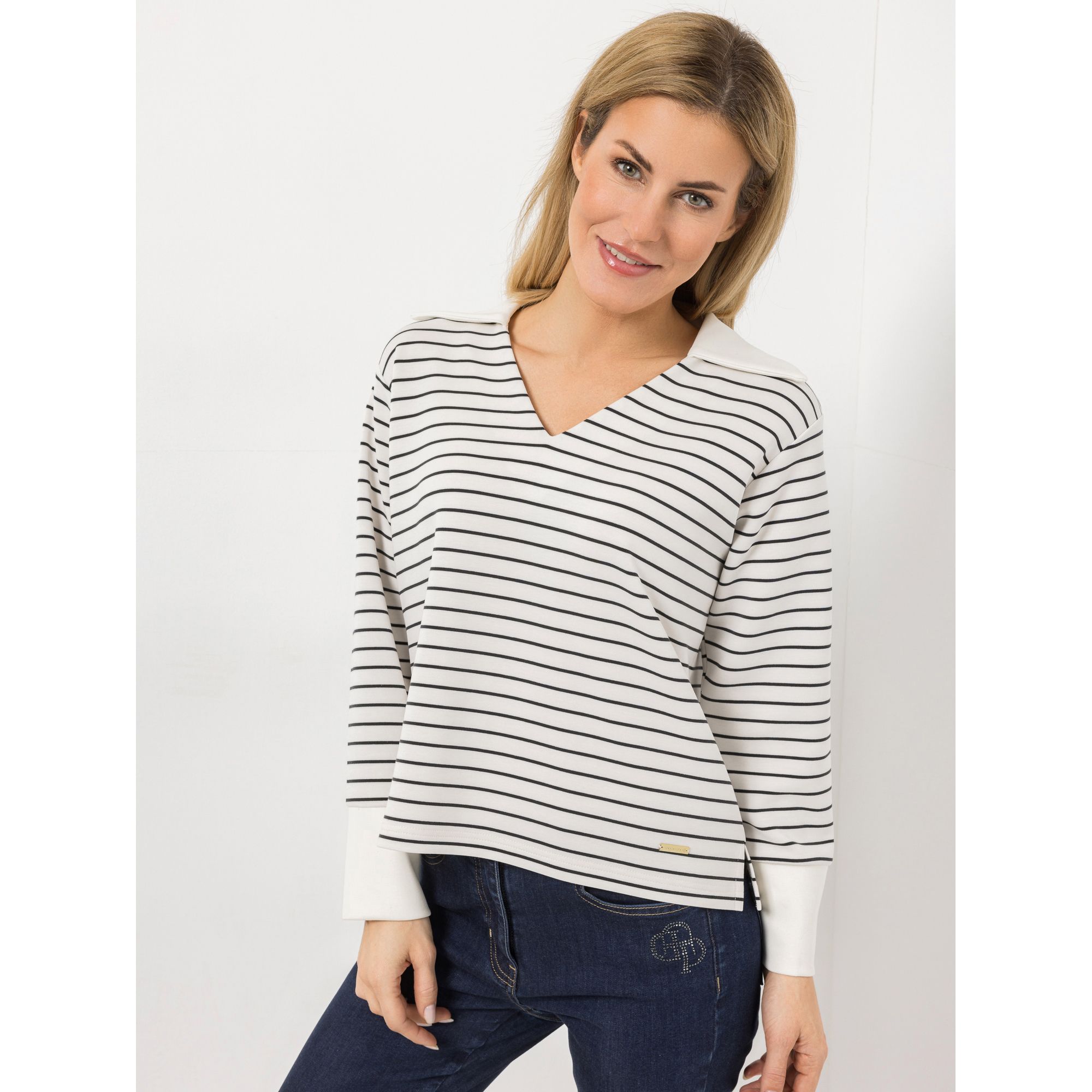 AMINATI® Sweatshirt, 1/1 Arm V-Ausschnitt mit Kragen gestreift