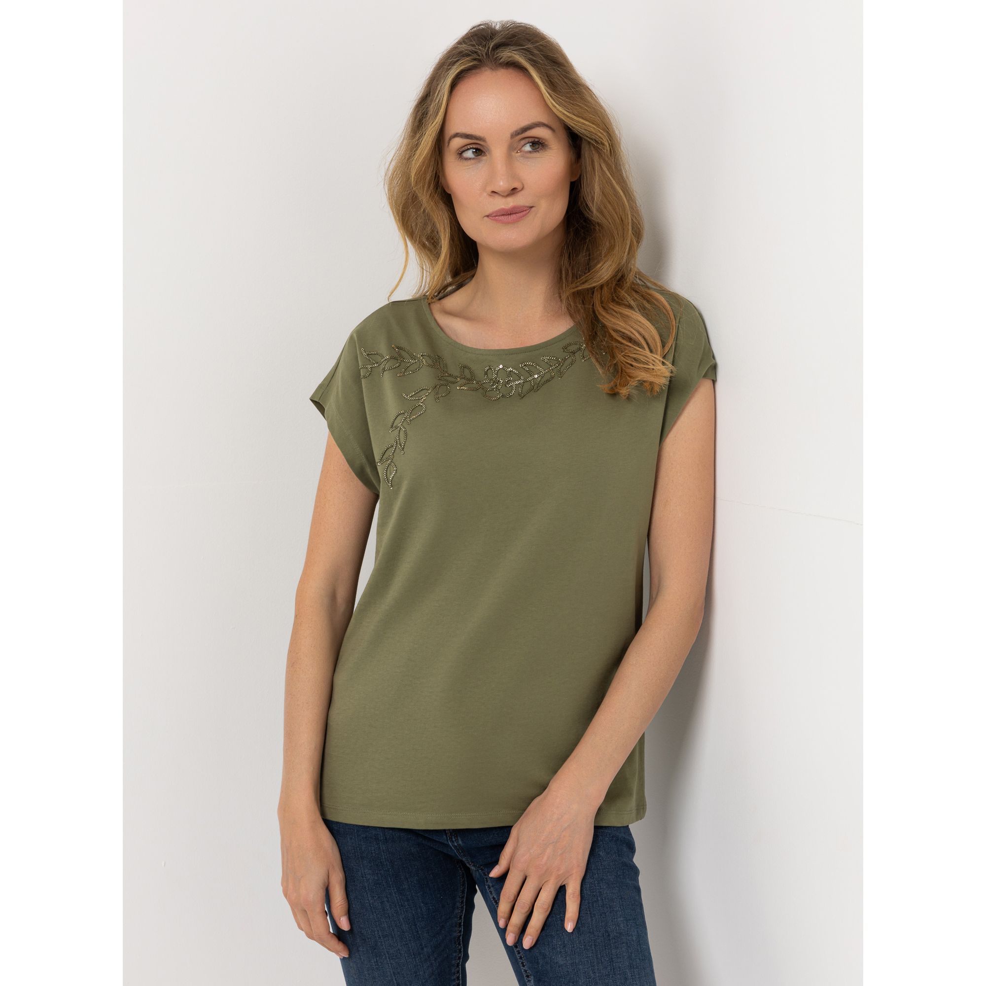 VIA MILANO Shirt, 1/2-Arm Rundhalsausschnitt Pailletten-Details figurumspielend