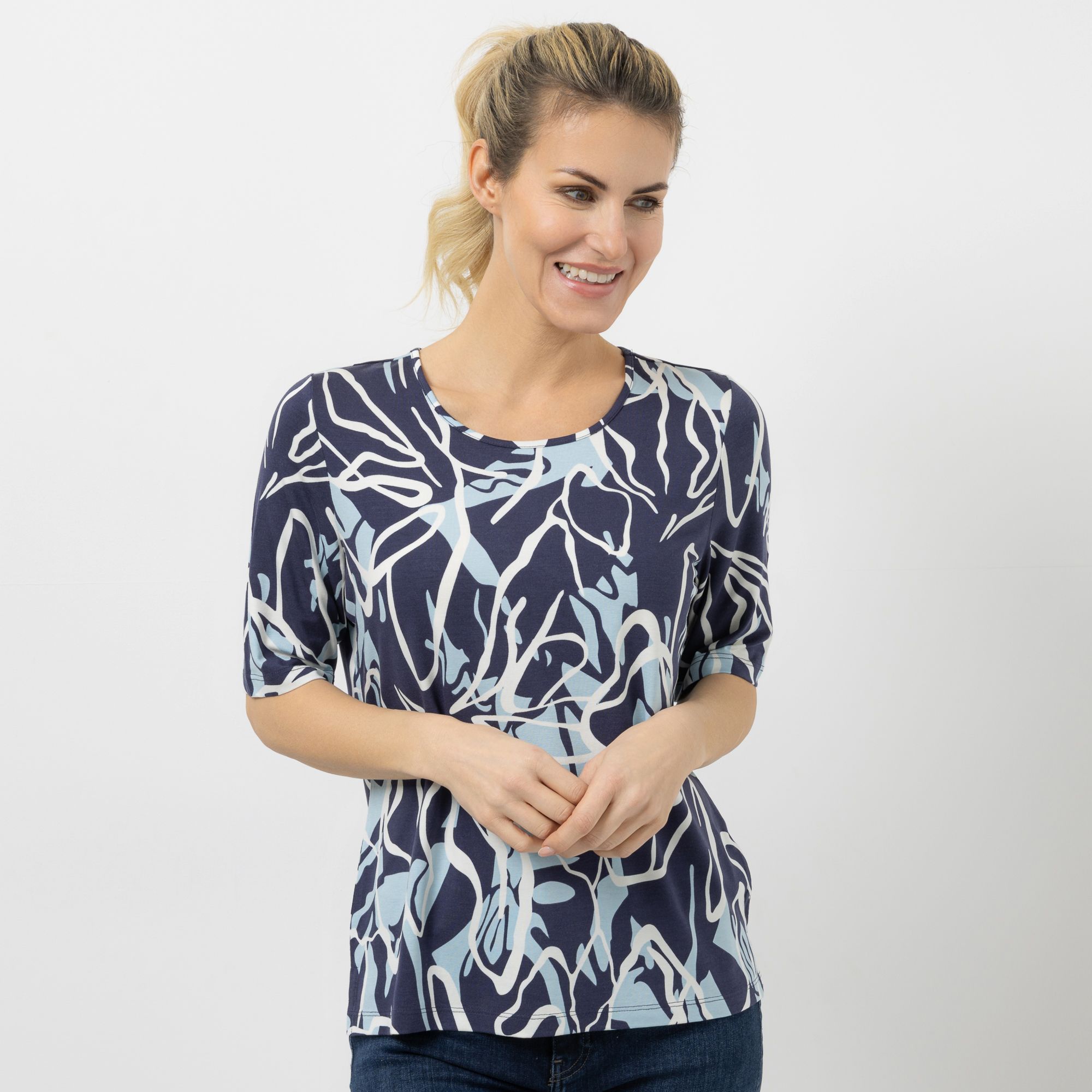 DENIM & CO. Shirt, langer 1/2-Arm Rundhalsausschnitt Seitennahtschlitze Allover-Druck