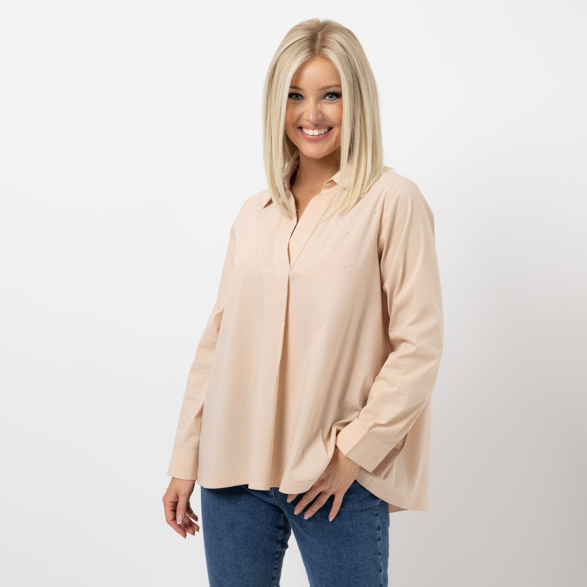 AMINATI® Bluse, langarm Zierkragen Seitenschlitze Strasssteinbesatz