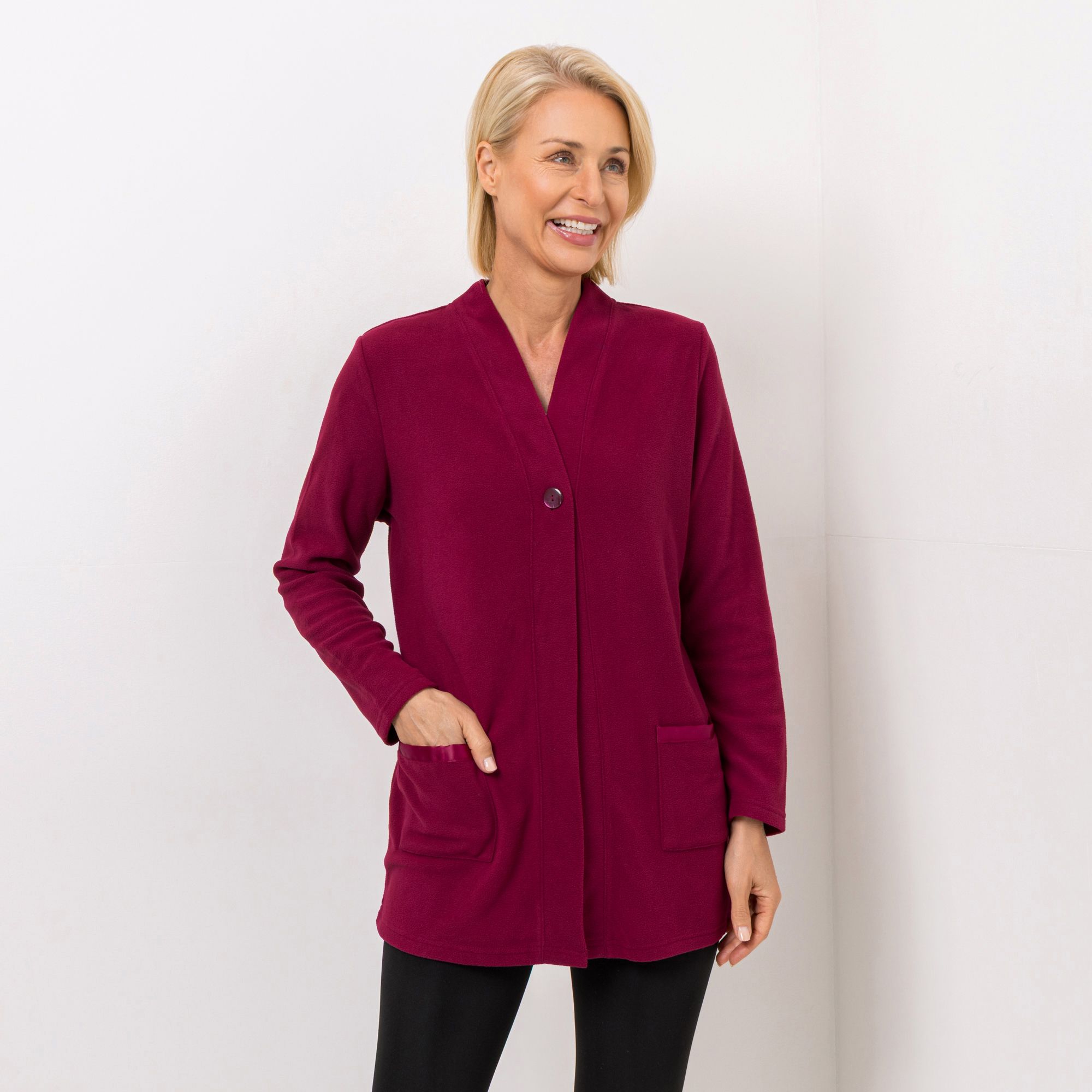 POLARSTERN HOMEWEAR Cardigan Mikrofaser Fleece Taschen mit Satindetail