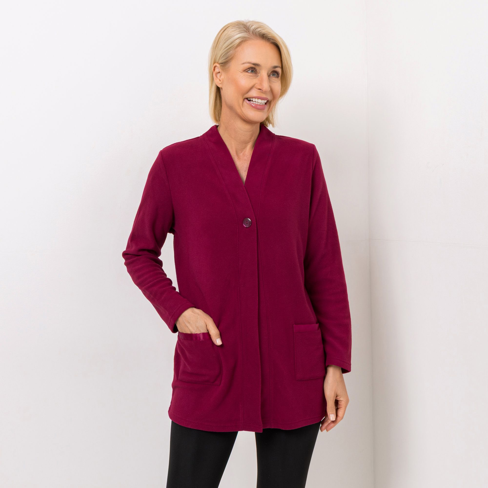 POLARSTERN HOMEWEAR Cardigan Mikrofaser Fleece Taschen mit Satindetail