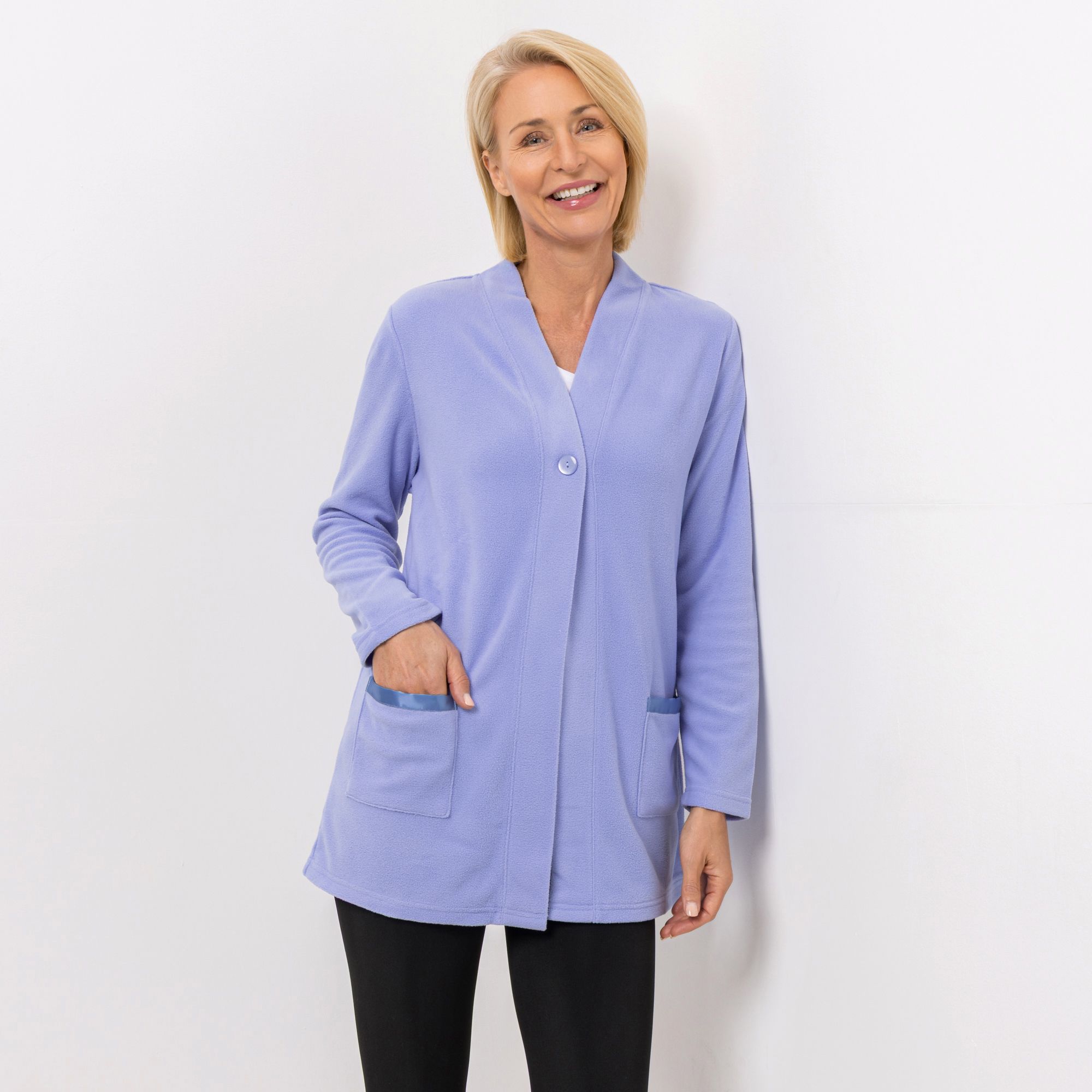 POLARSTERN HOMEWEAR Cardigan Mikrofaser Fleece Taschen mit Satindetail
