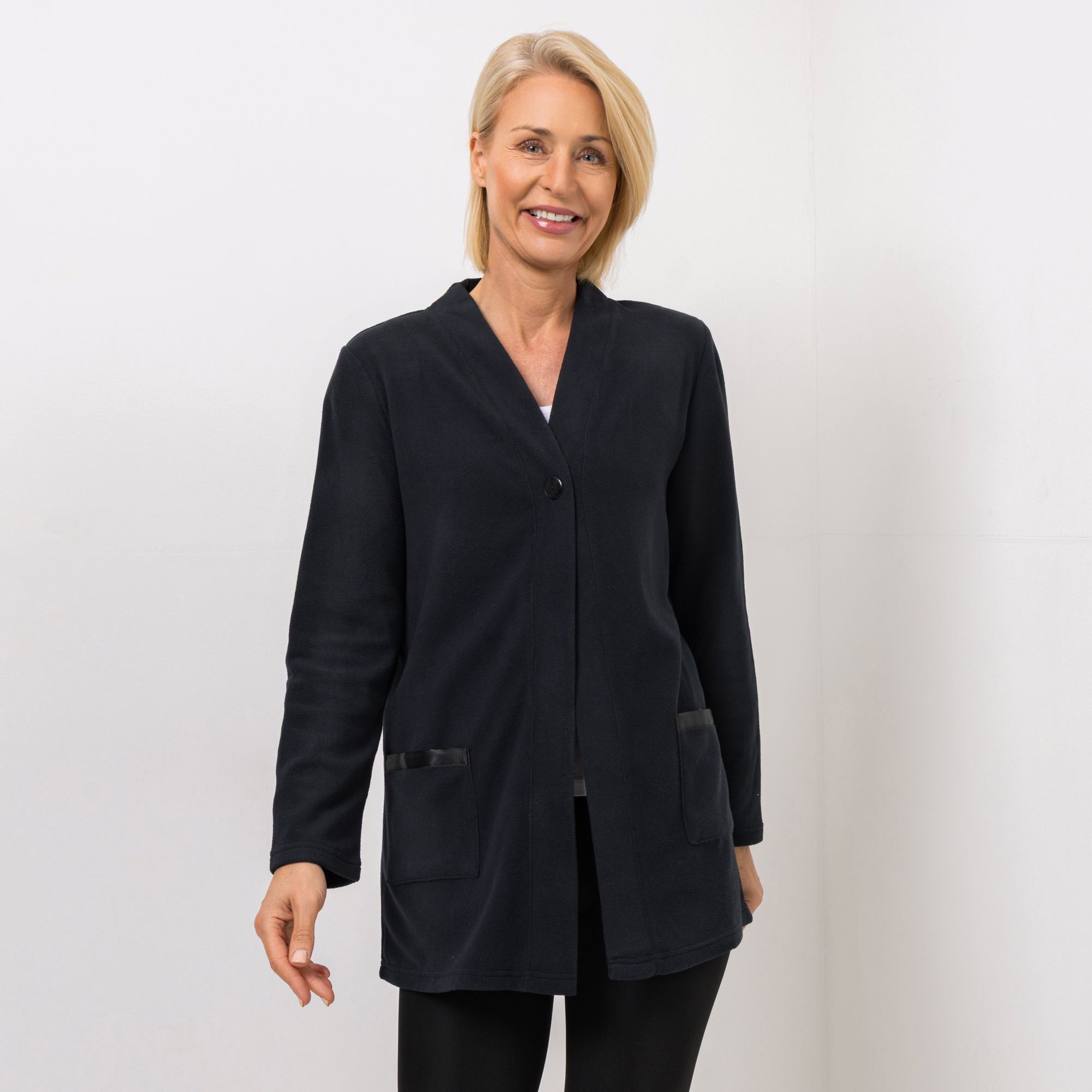 POLARSTERN HOMEWEAR Cardigan Mikrofaser Fleece Taschen mit Satindetail