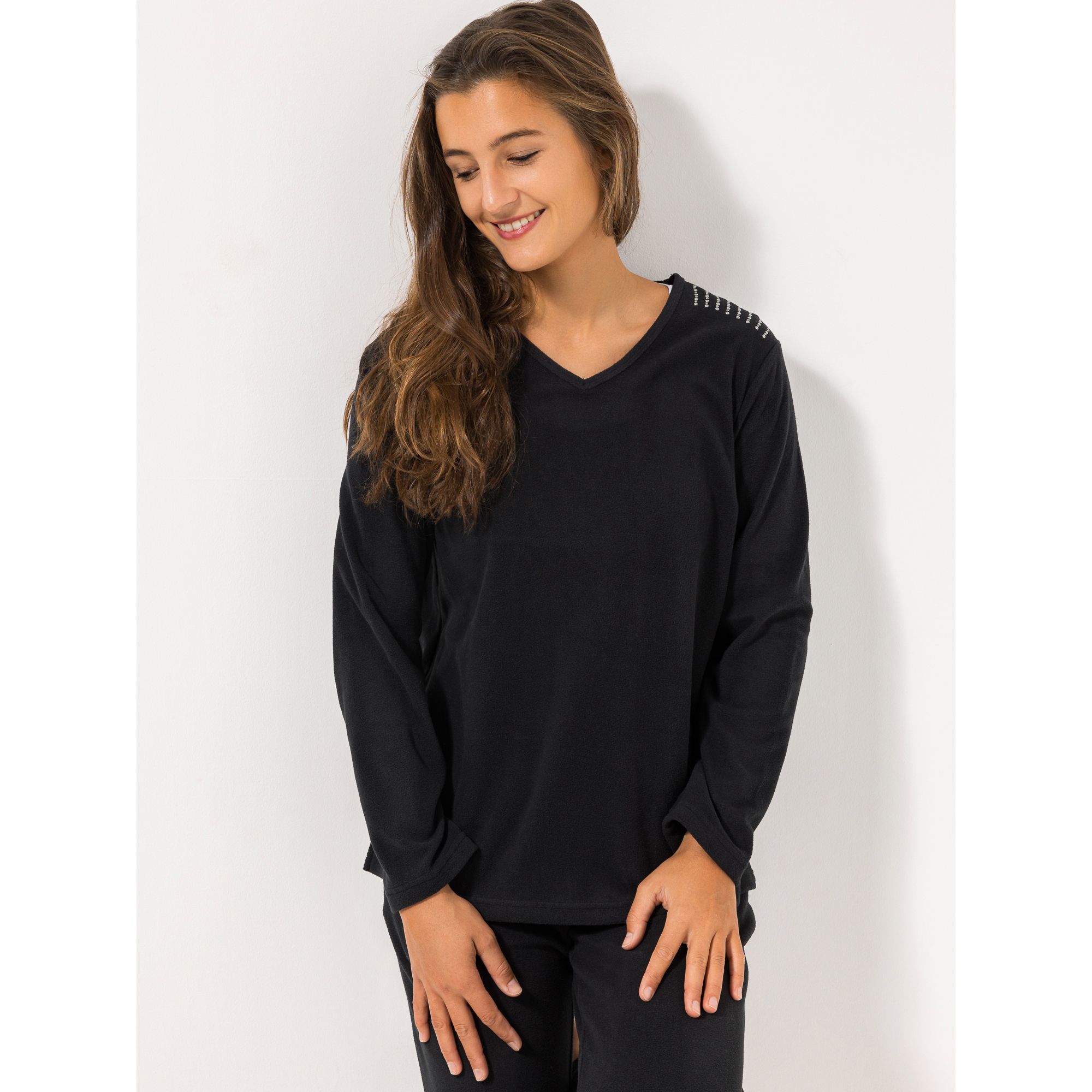 POLARSTERN HOMEWEAR Shirt, 1/1-Arm Mikrofaser Fleece V-Ausschnitt Nieten-Details