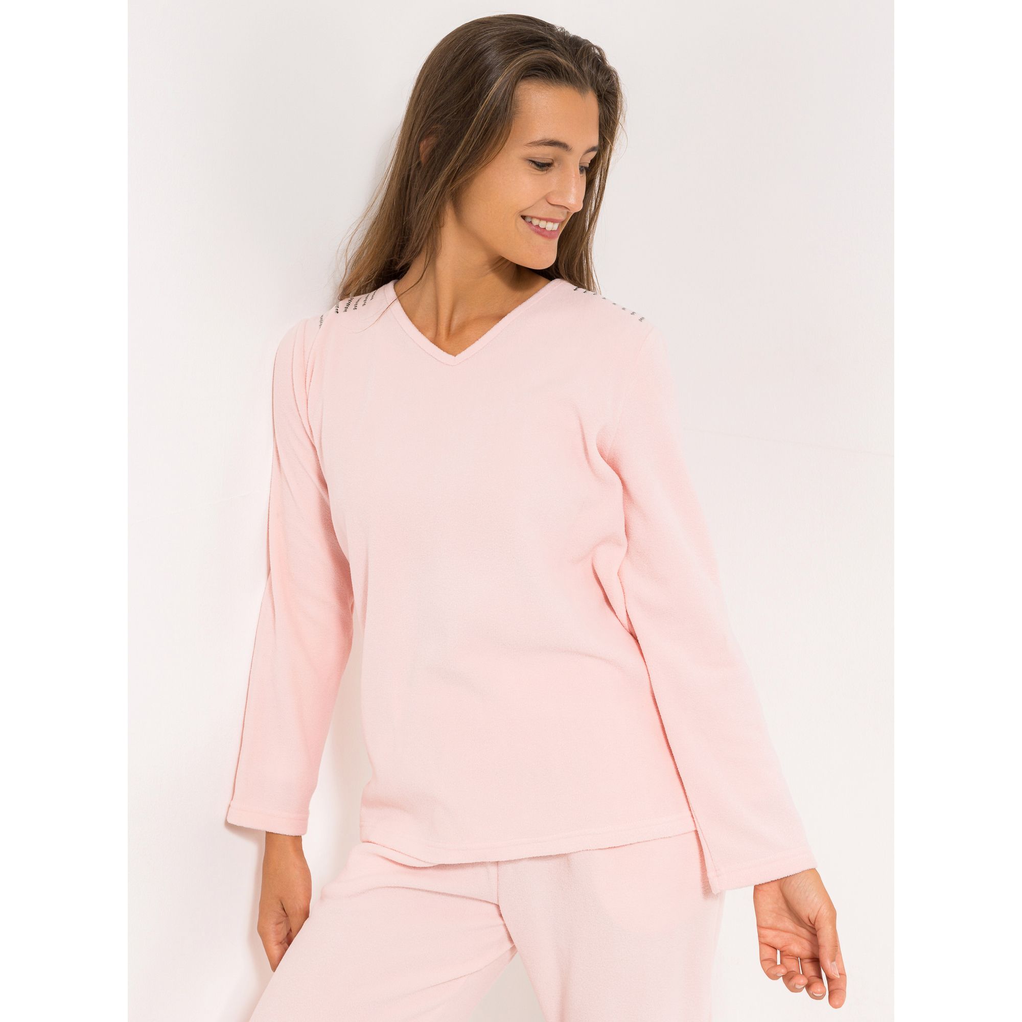 POLARSTERN HOMEWEAR Shirt, 1/1-Arm Mikrofaser Fleece V-Ausschnitt Nieten-Details