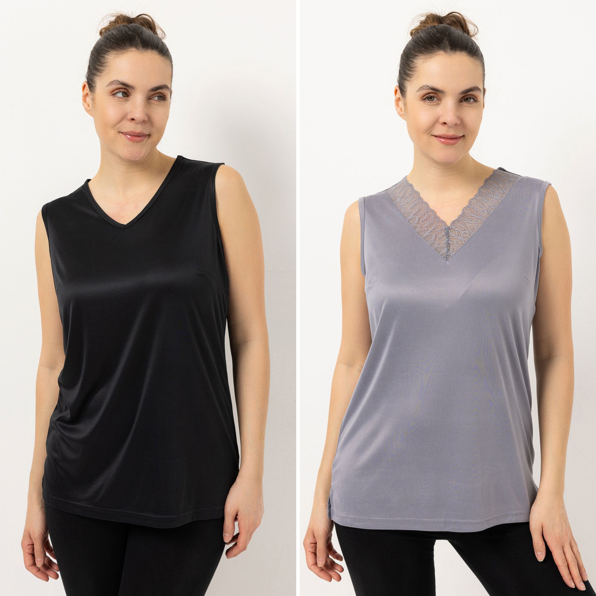 JERYMOOD HOMEWEAR 2 Tops, ohne Arm Mikrofaser V-Ausschnitt mit Spitzendetails