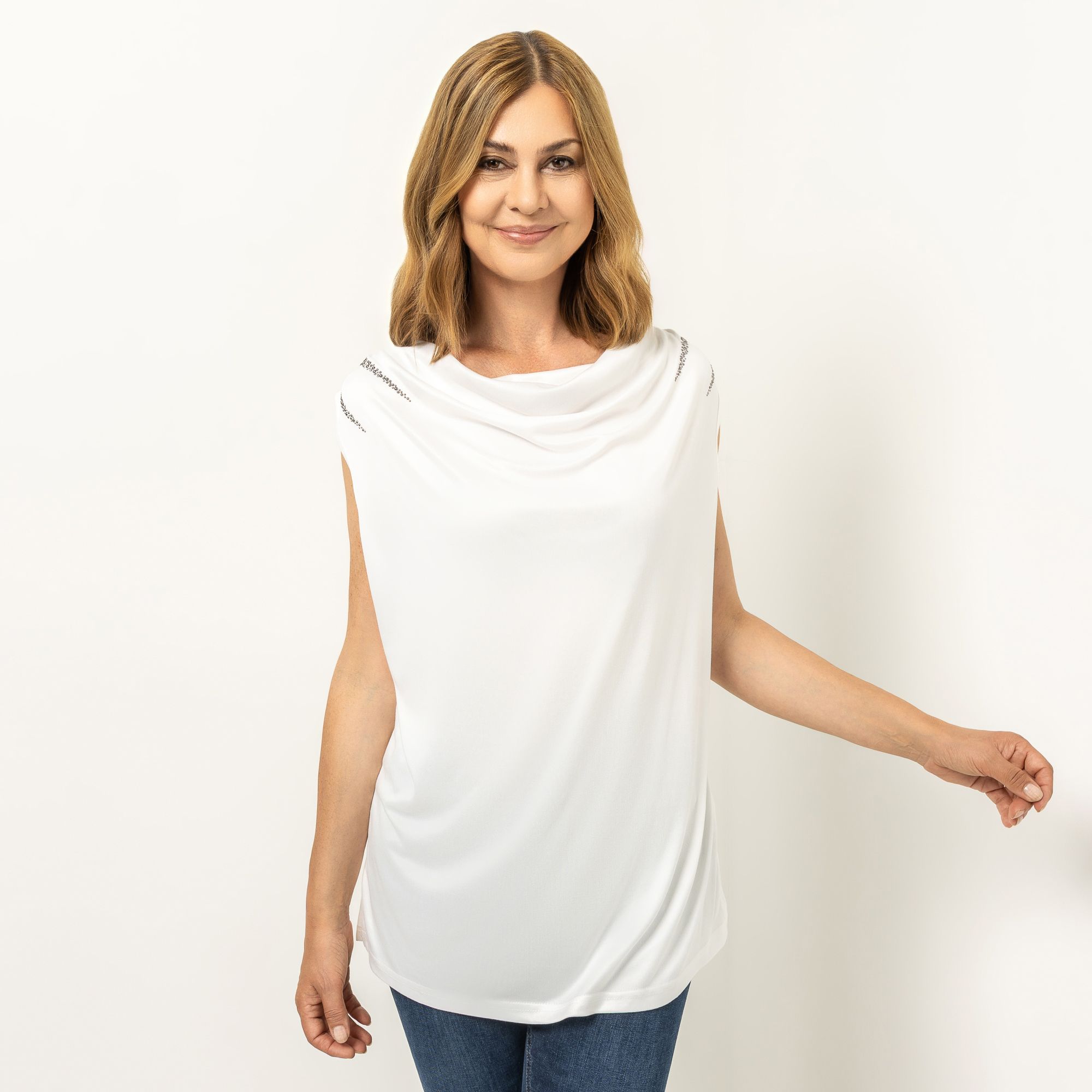 JERYMOOD HOMEWEAR Top, ohne Arm Wasserfallkragen Seitenschlitze Nieten-Details