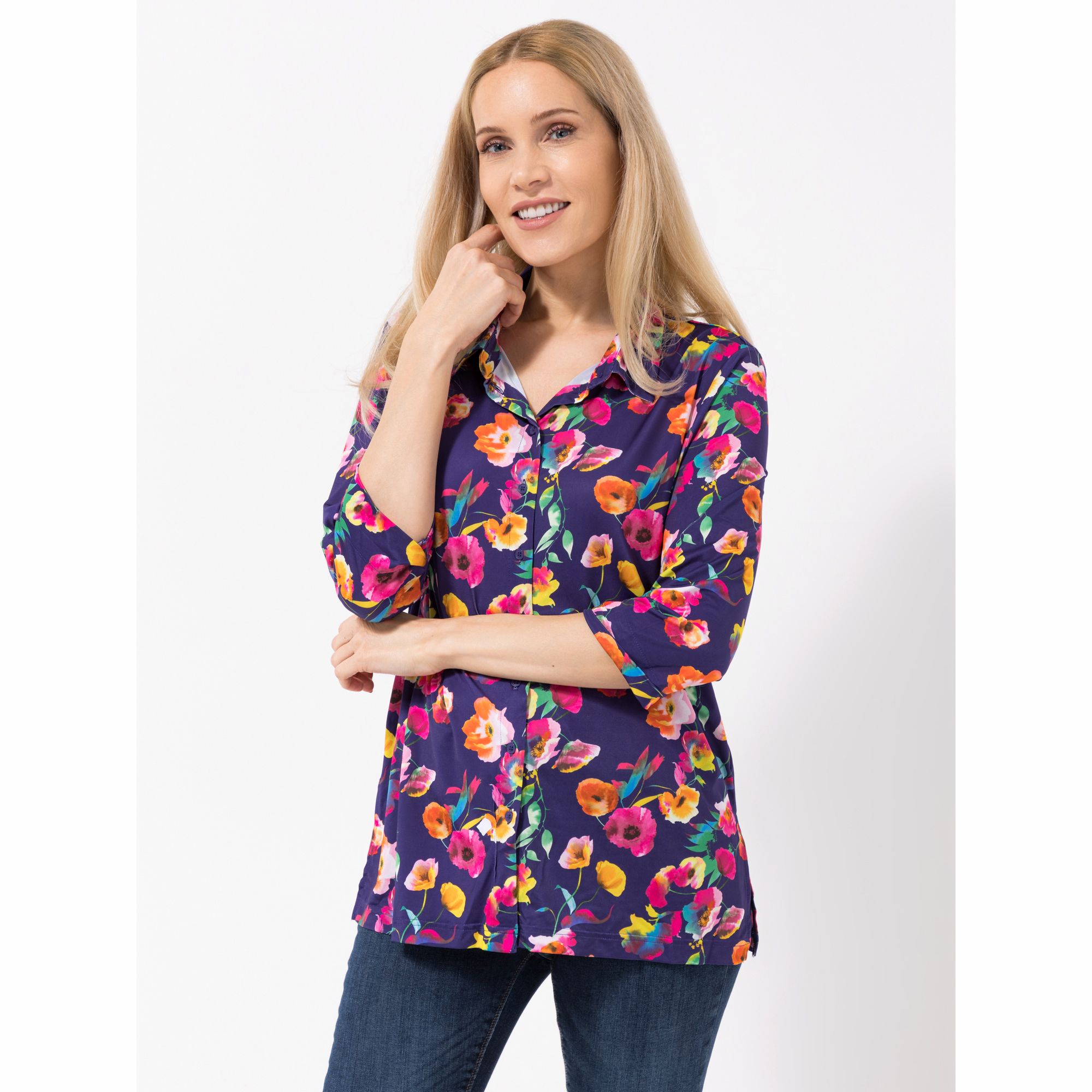 IN-PRINT Bluse, 3/4-Arm Rundhalsausschnitt Knopfleiste Blumendruck