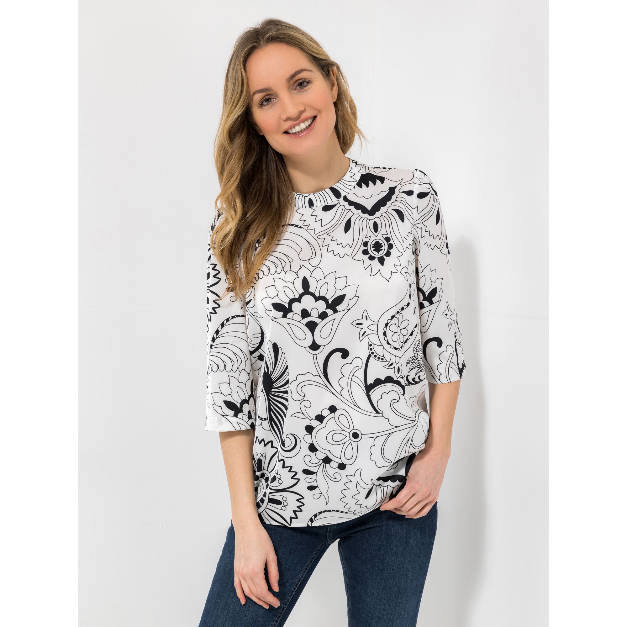 VIA MILANO Bluse, 3/4-Arm kleiner Stehkragen bedruckt figurumspielend