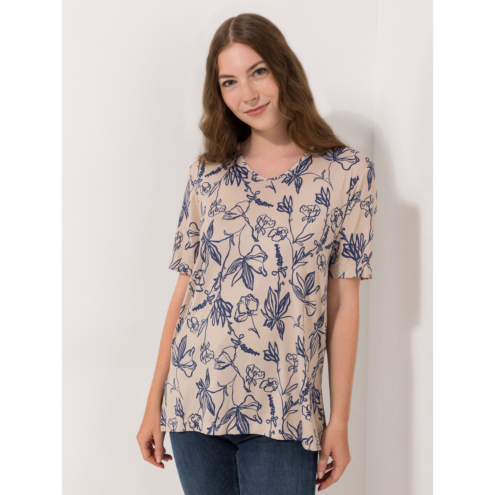 IN-PRINT Shirt, 1/2-Arm V-Ausschnitt Seitenschlitz Allover-Print