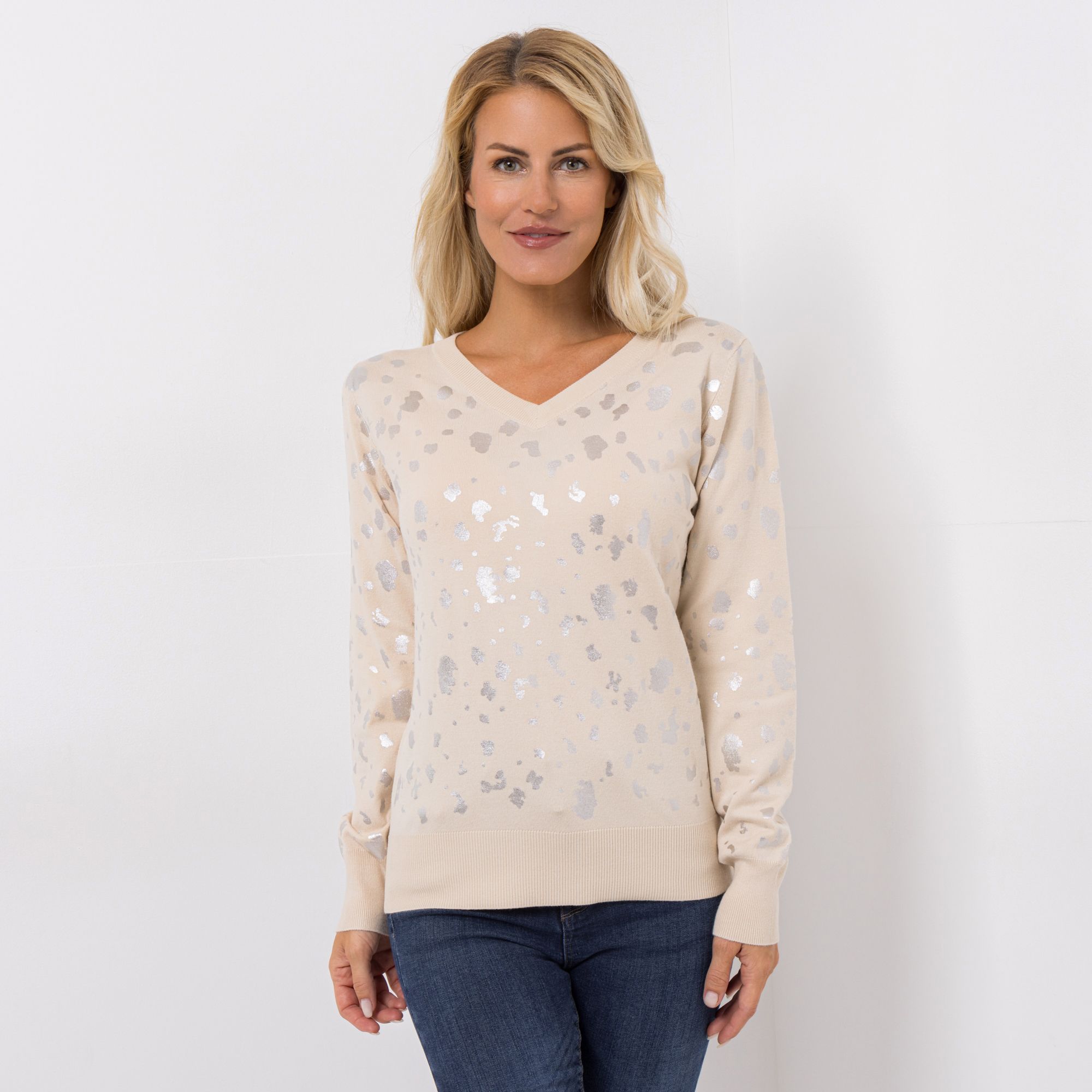 VIA MILANO Pullover, 1/1-Arm V-Ausschnitt Folien-Print figurumspielend