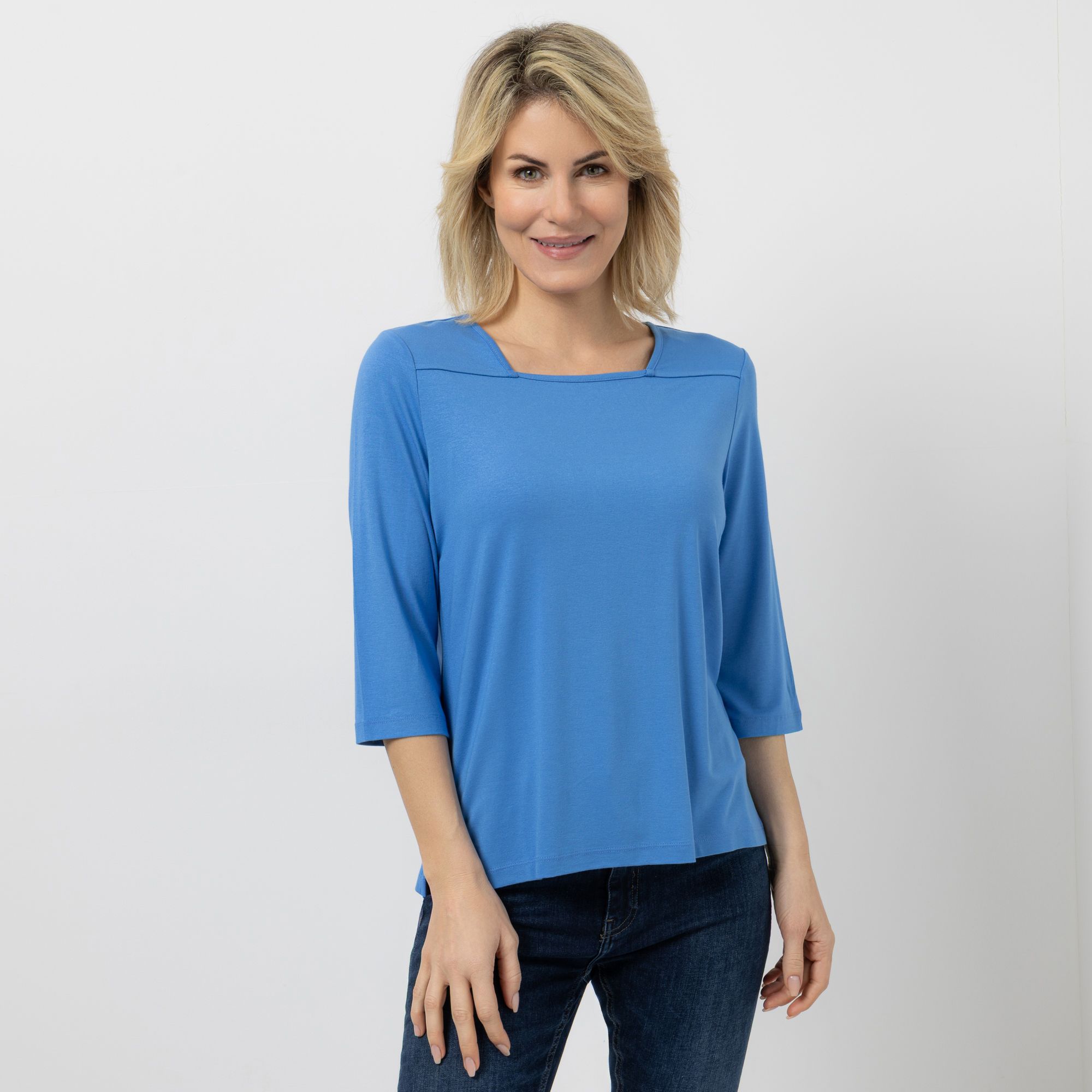 DENIM & CO. Shirt, 3/4-Arm Karree-Ausschnitt Seitenschlitze mit ECOVERO Viskose