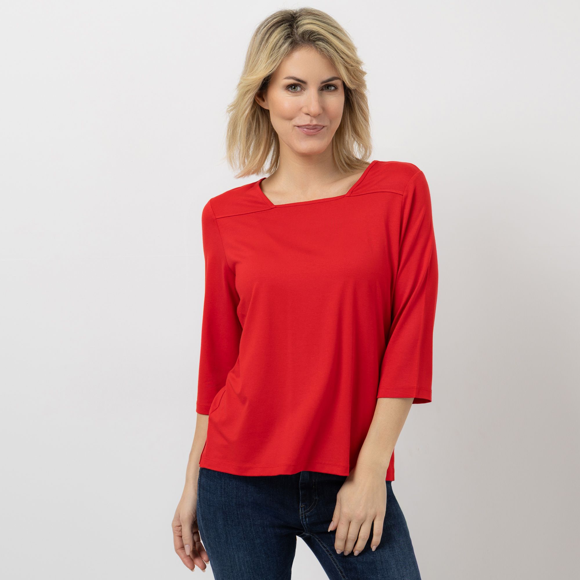 DENIM & CO. Shirt, 3/4-Arm Karree-Ausschnitt Seitenschlitze mit ECOVERO Viskose