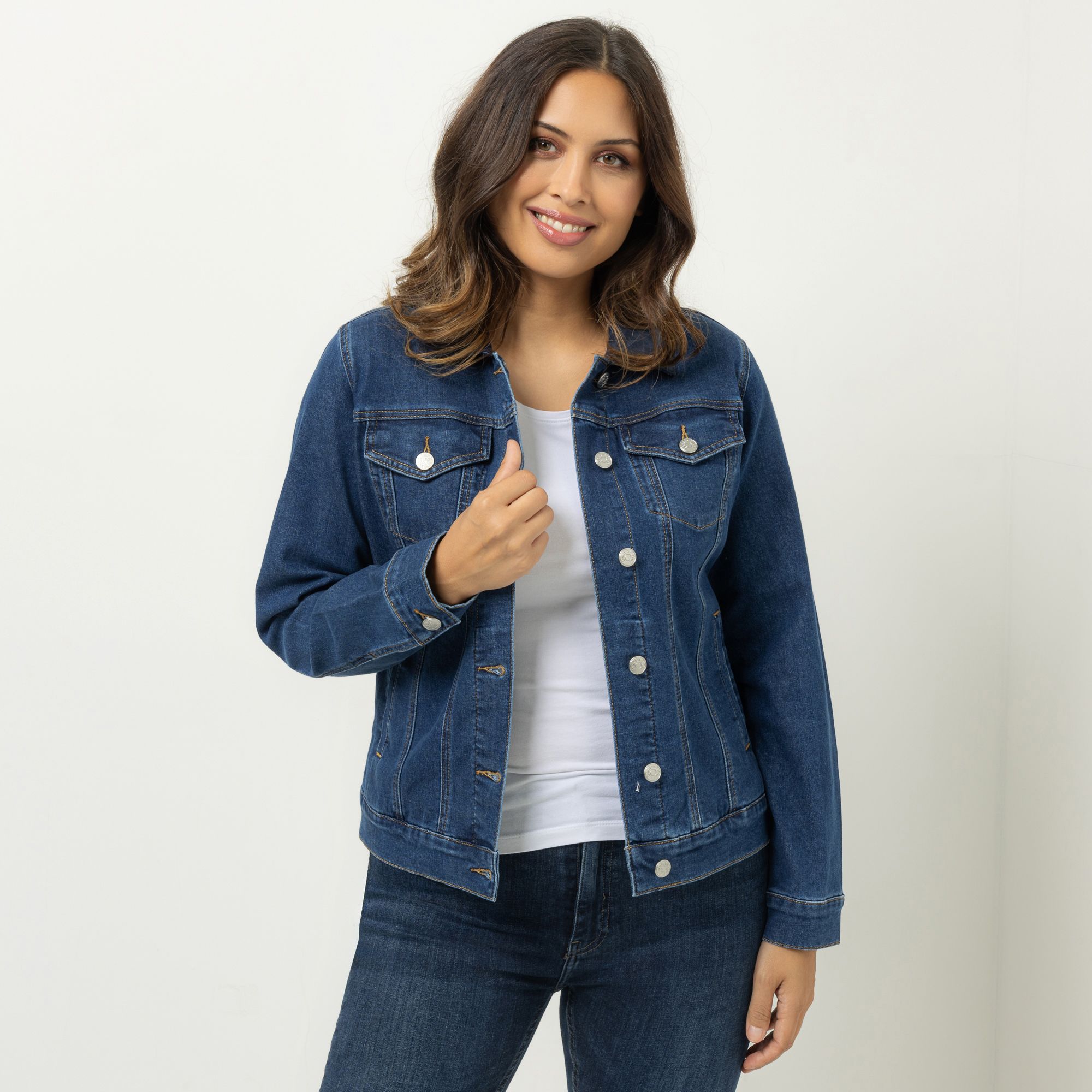 DENIM & CO. Jeansjacke Kordkragen Knopfleiste Brusttasche