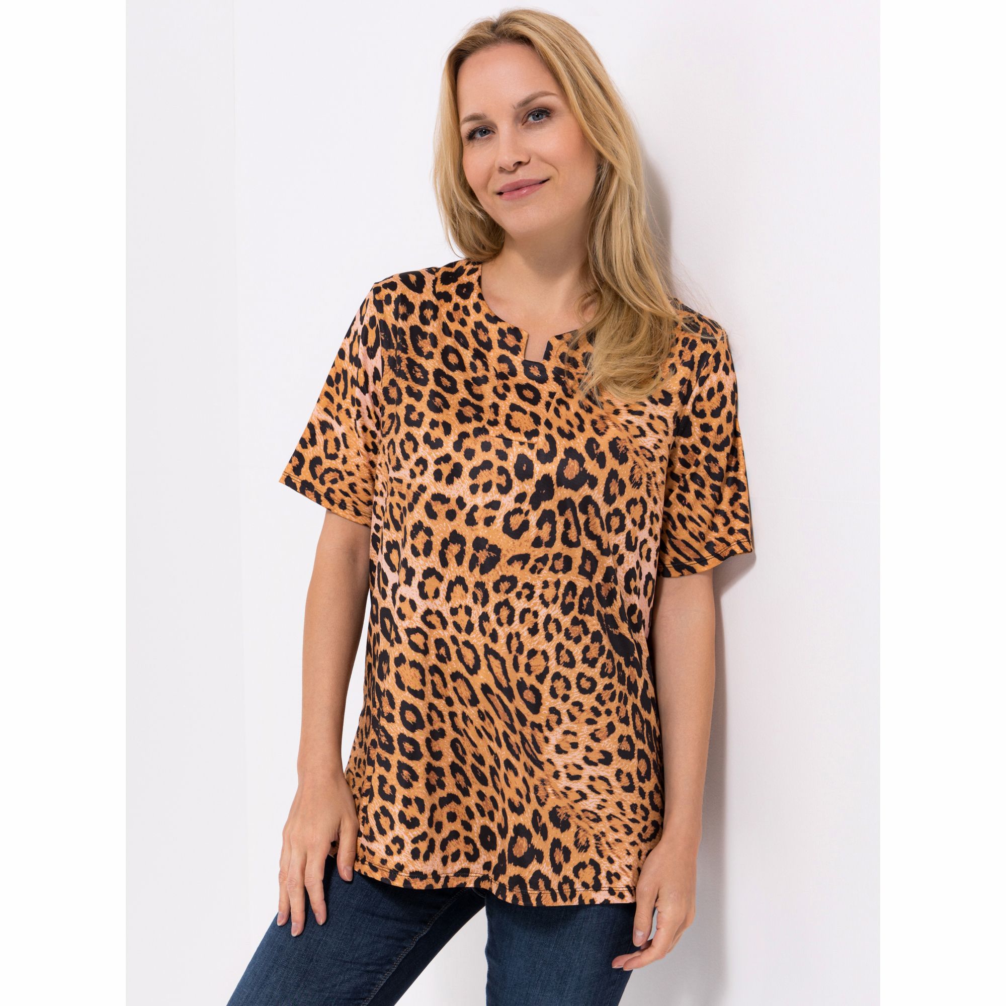 IN-PRINT Shirt, 1/2-Arm V-Ausschnitt Seitenschlitz Animal-Druck