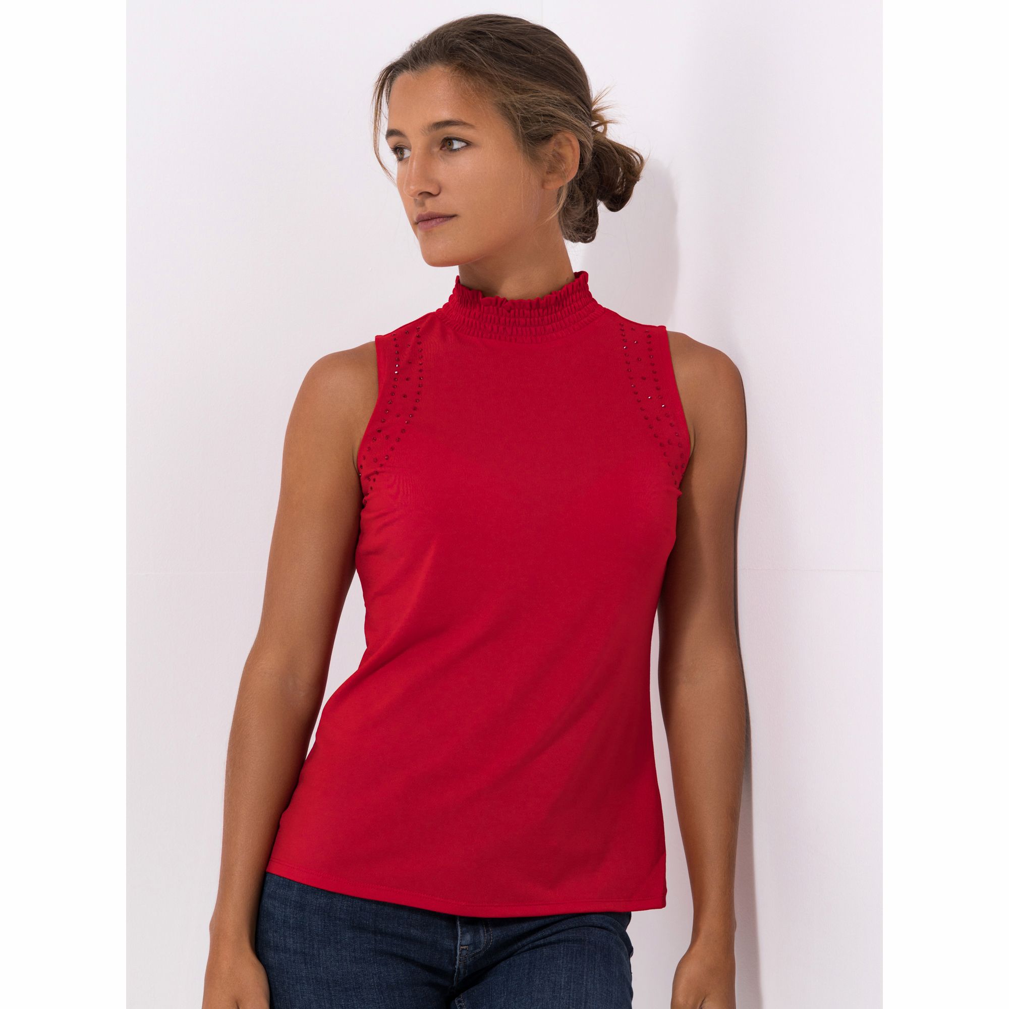 VIA MILANO Top mit Strasssteinen und gesmoktem Stehkragen figurumspielend