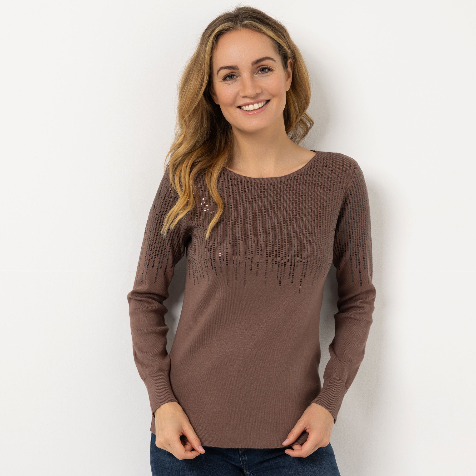 VIA MILANO Pullover, 1/1-Arm Rundhalsausschnitt Paillietten-Details figurbetont