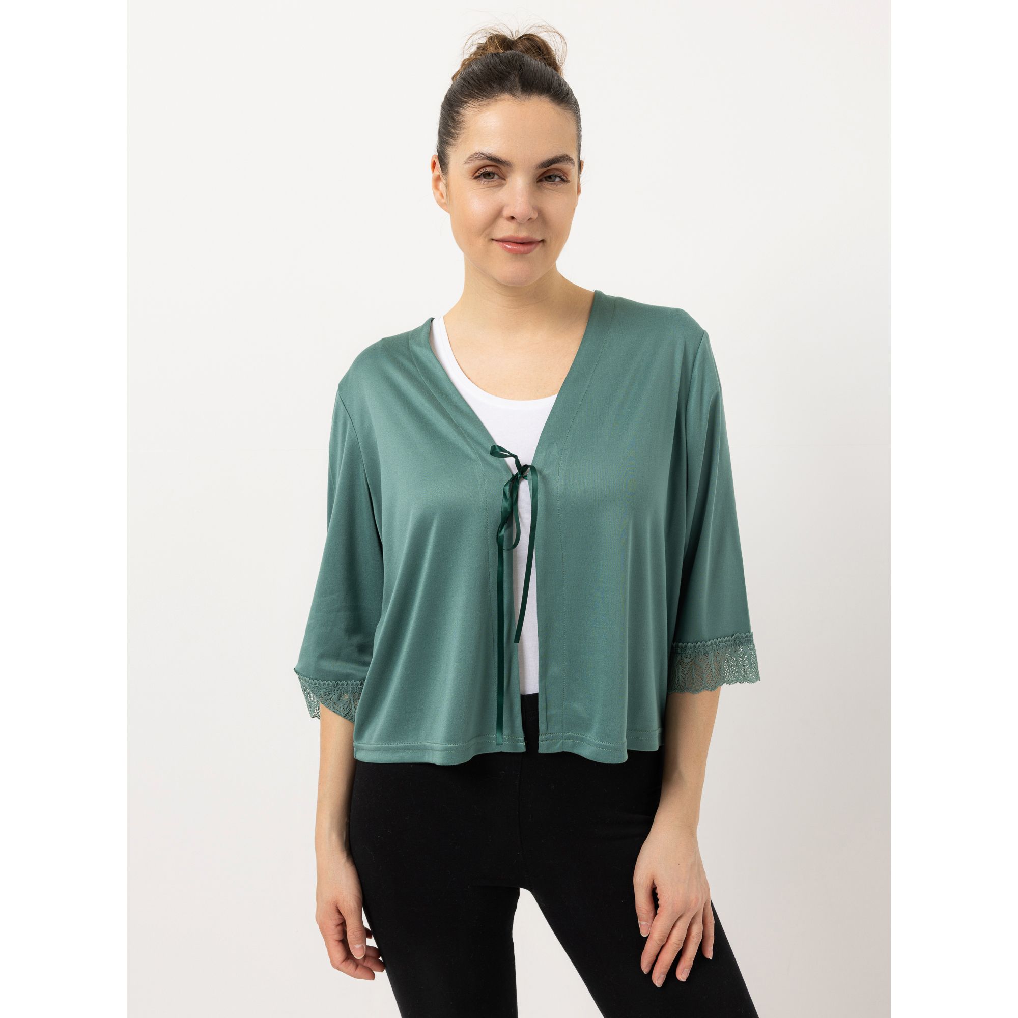 JERYMOOD HOMEWEAR Bolero, 3/4-Arm Mikrofaser Bindeband Spitzendetails