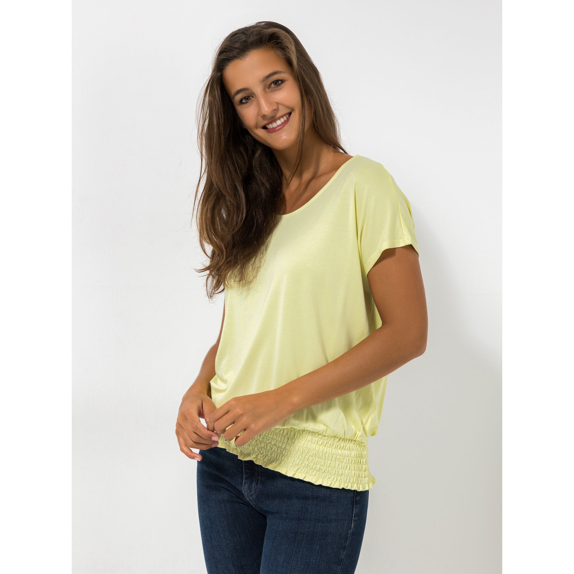 DENIM & CO. Shirt, 1/2-Arm Rundhalsausschnitt Smokbund leger weit