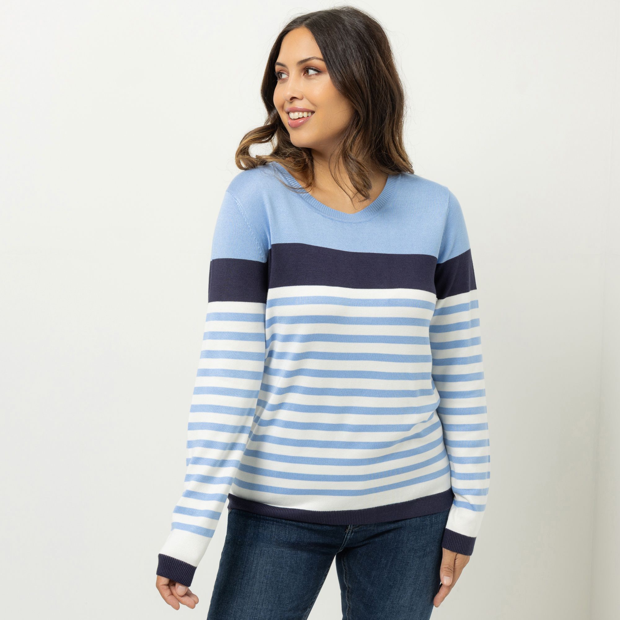 DENIM & CO. Pullover Rundhalsausschnitt gestreift figurumspielend