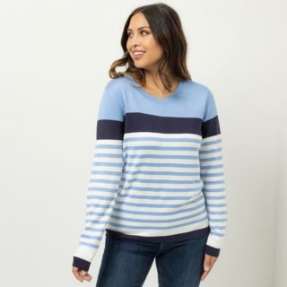DENIM & CO. Pullover Rundhalsausschnitt gestreift figurumspielend
