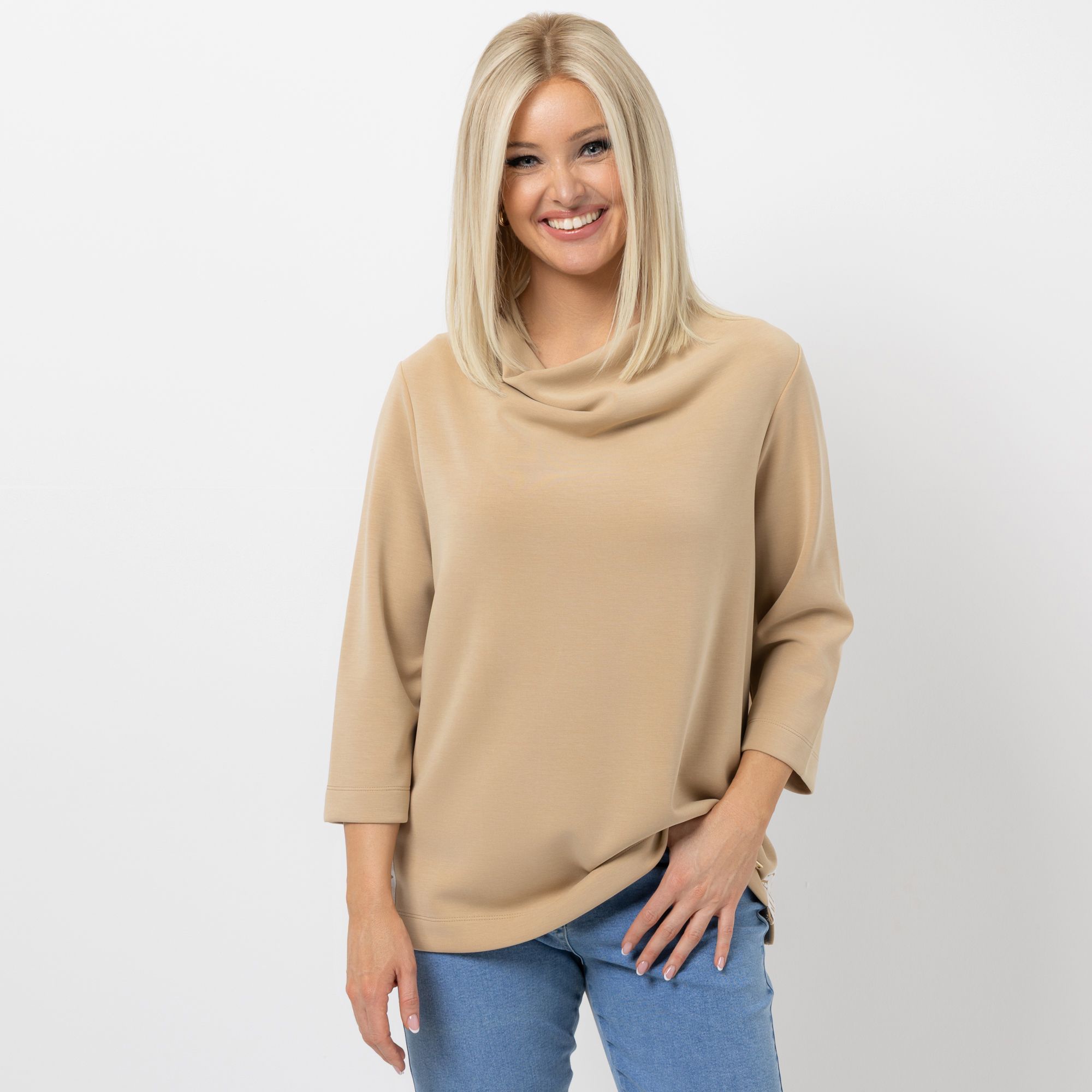 AMINATI® Sweatshirt, 3/4-Arm Wasserfallausschnitt Logo-Details leger weit