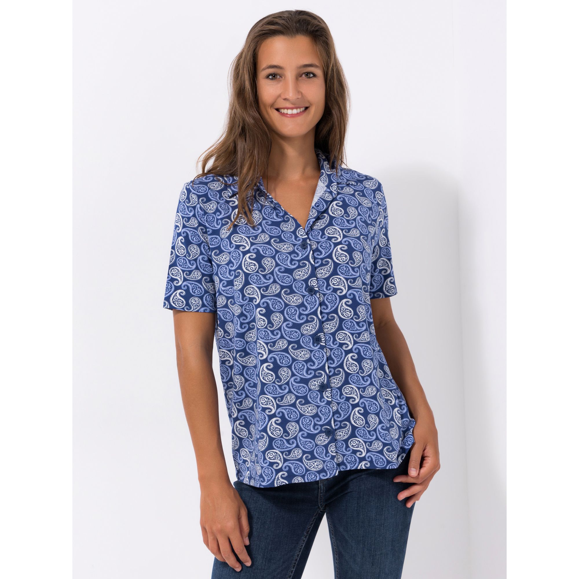 DENIM & CO. Bluse, 1/2-Arm Allover Print Knopfleiste figurumspielend
