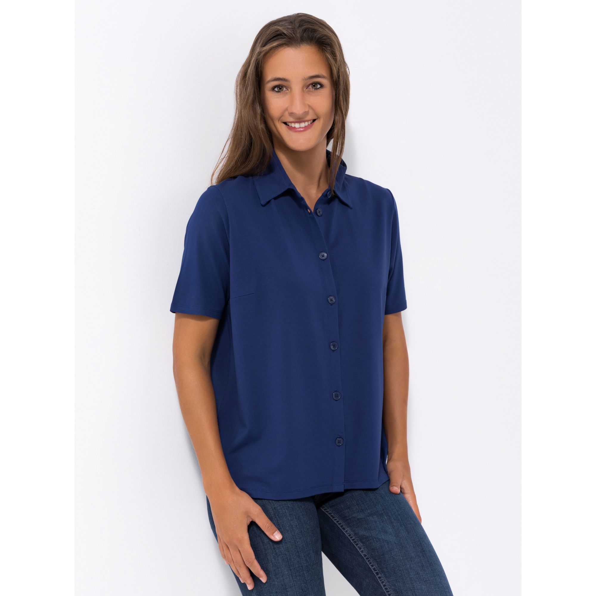DENIM & CO. Bluse, 1/2-Arm Allover Print Knopfleiste figurumspielend
