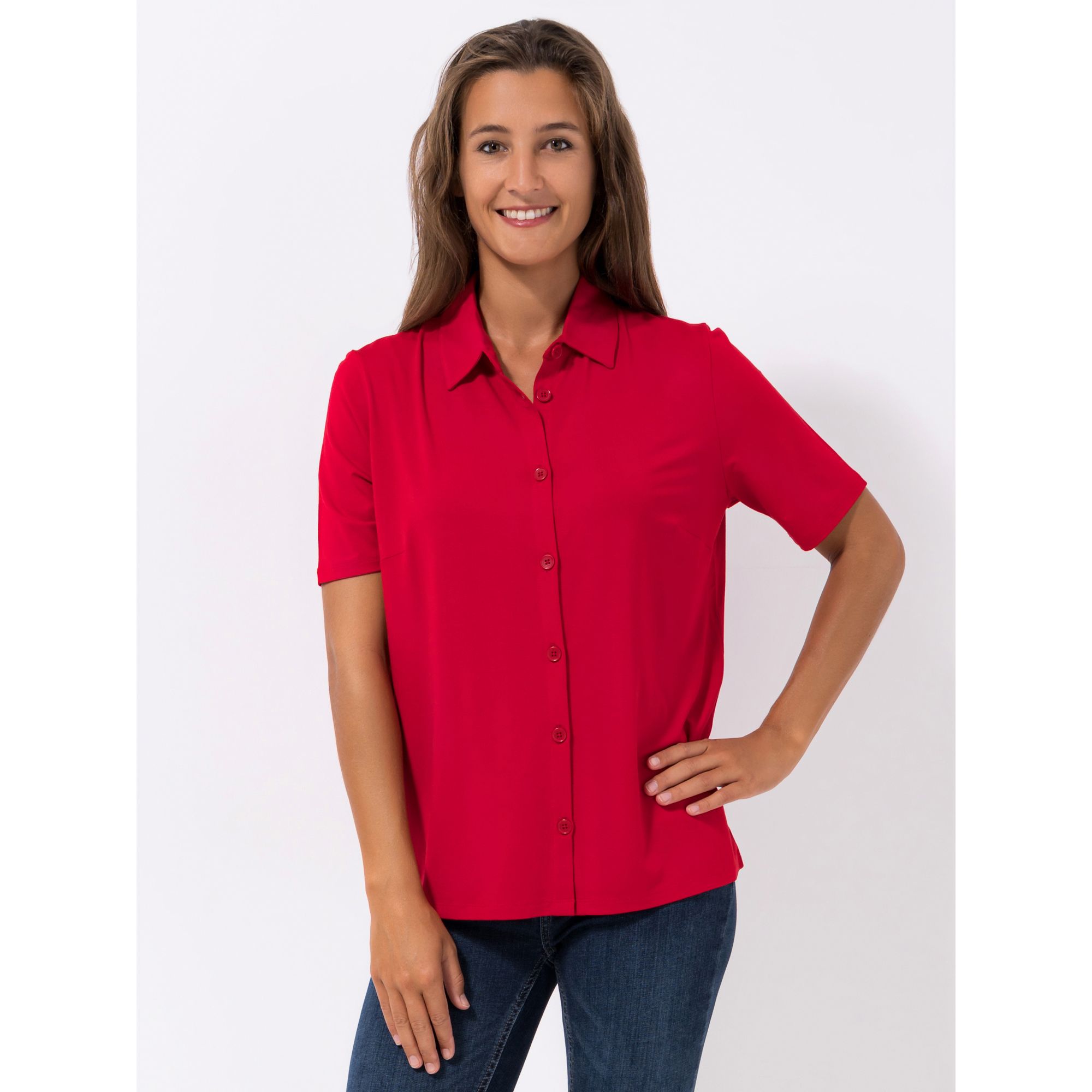 DENIM & CO. Bluse, 1/2-Arm Allover Print Knopfleiste figurumspielend
