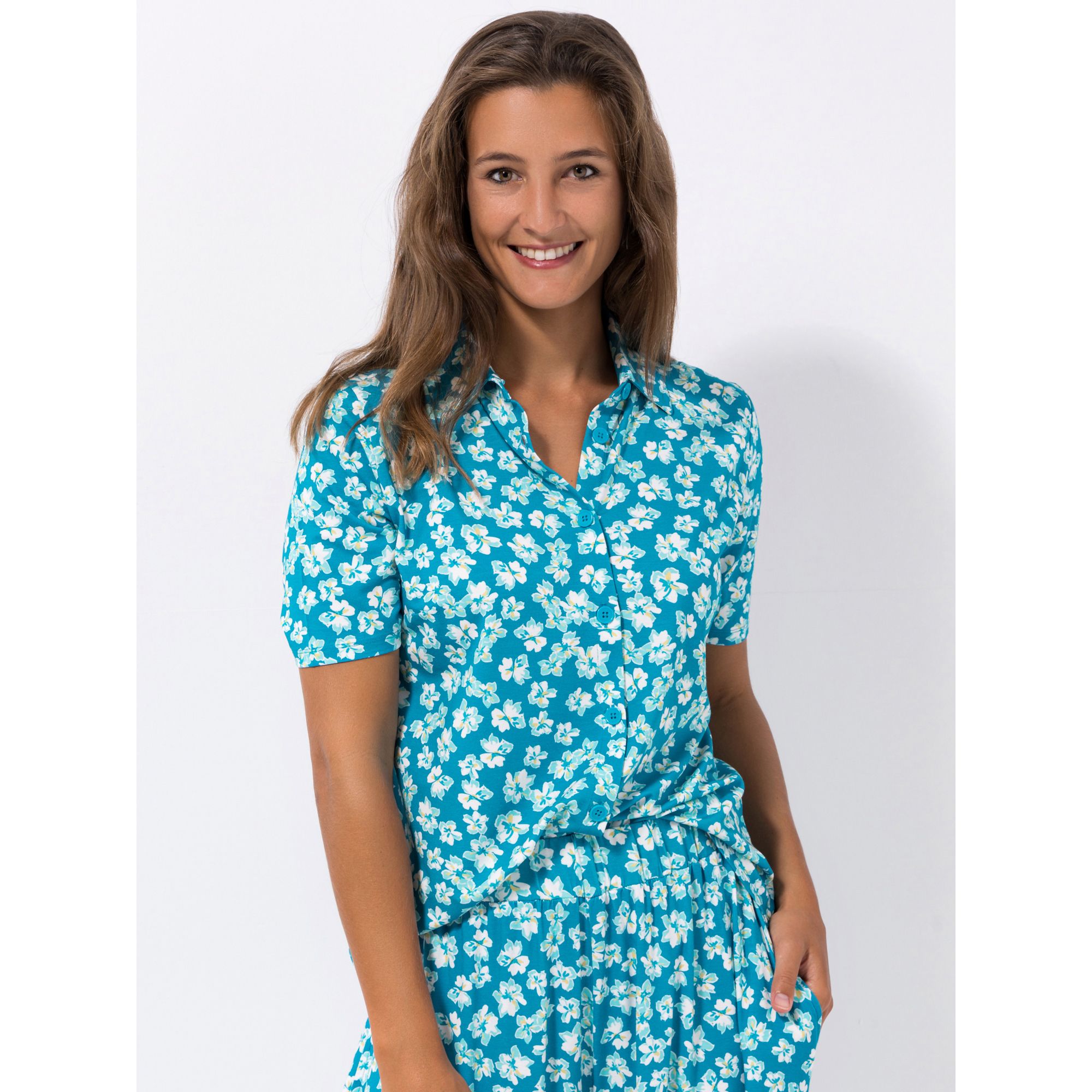 DENIM & CO. Bluse, 1/2-Arm Allover Print Knopfleiste figurumspielend