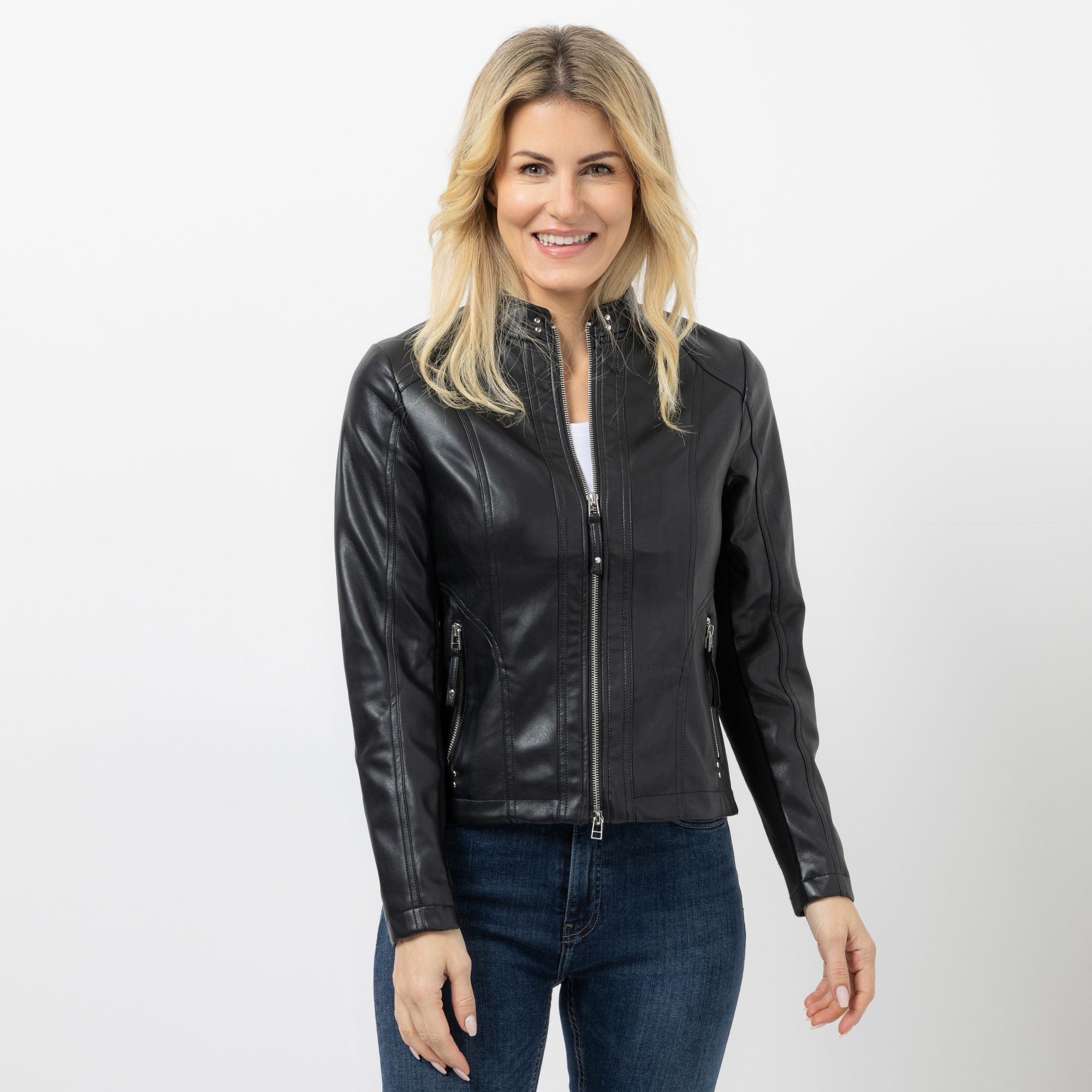 VIA MILANO Jacke, 1/1-Arm Nappaleder-Optik Nietendetails figurbetont