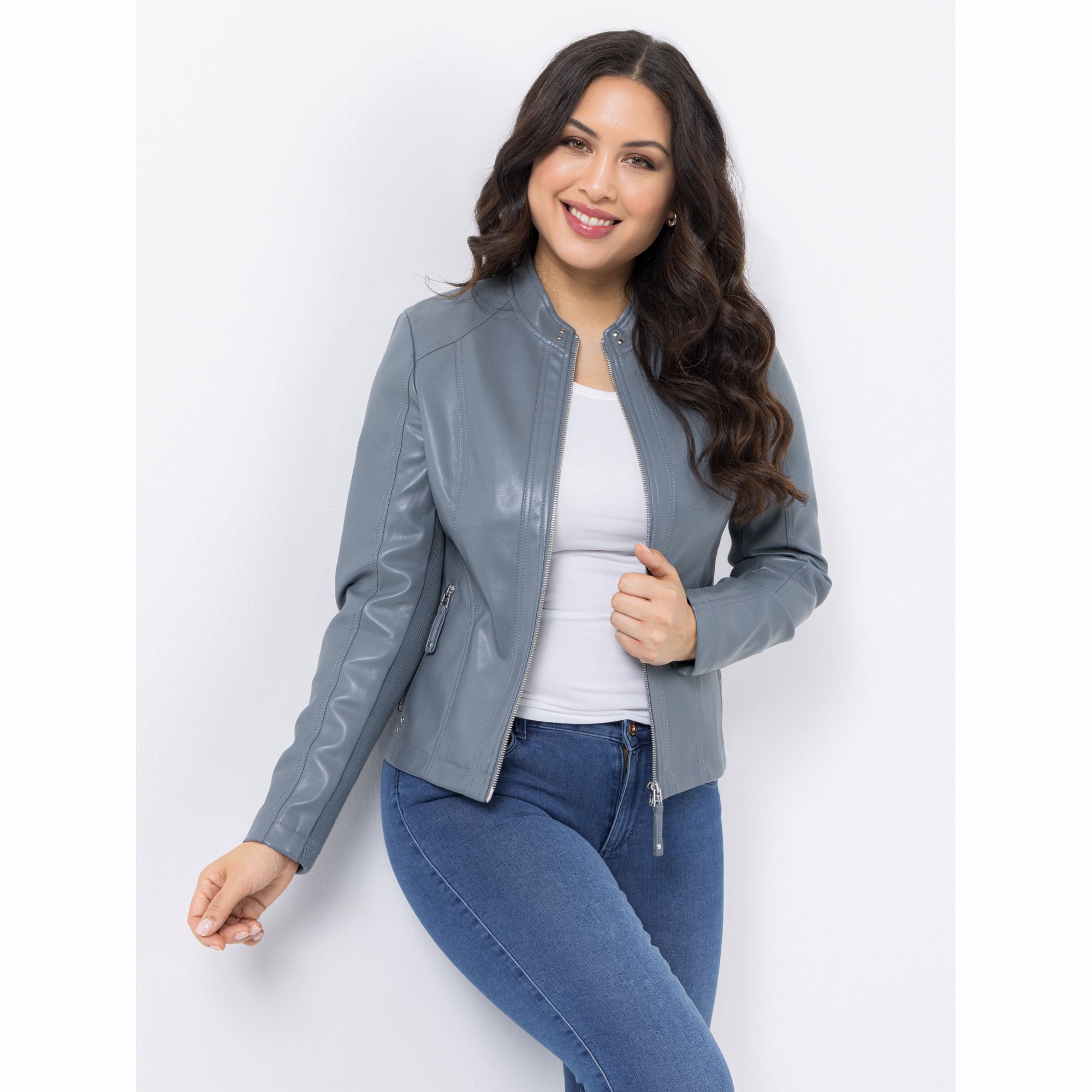 VIA MILANO Jacke, 1/1-Arm Nappaleder-Optik Nietendetails figurbetont