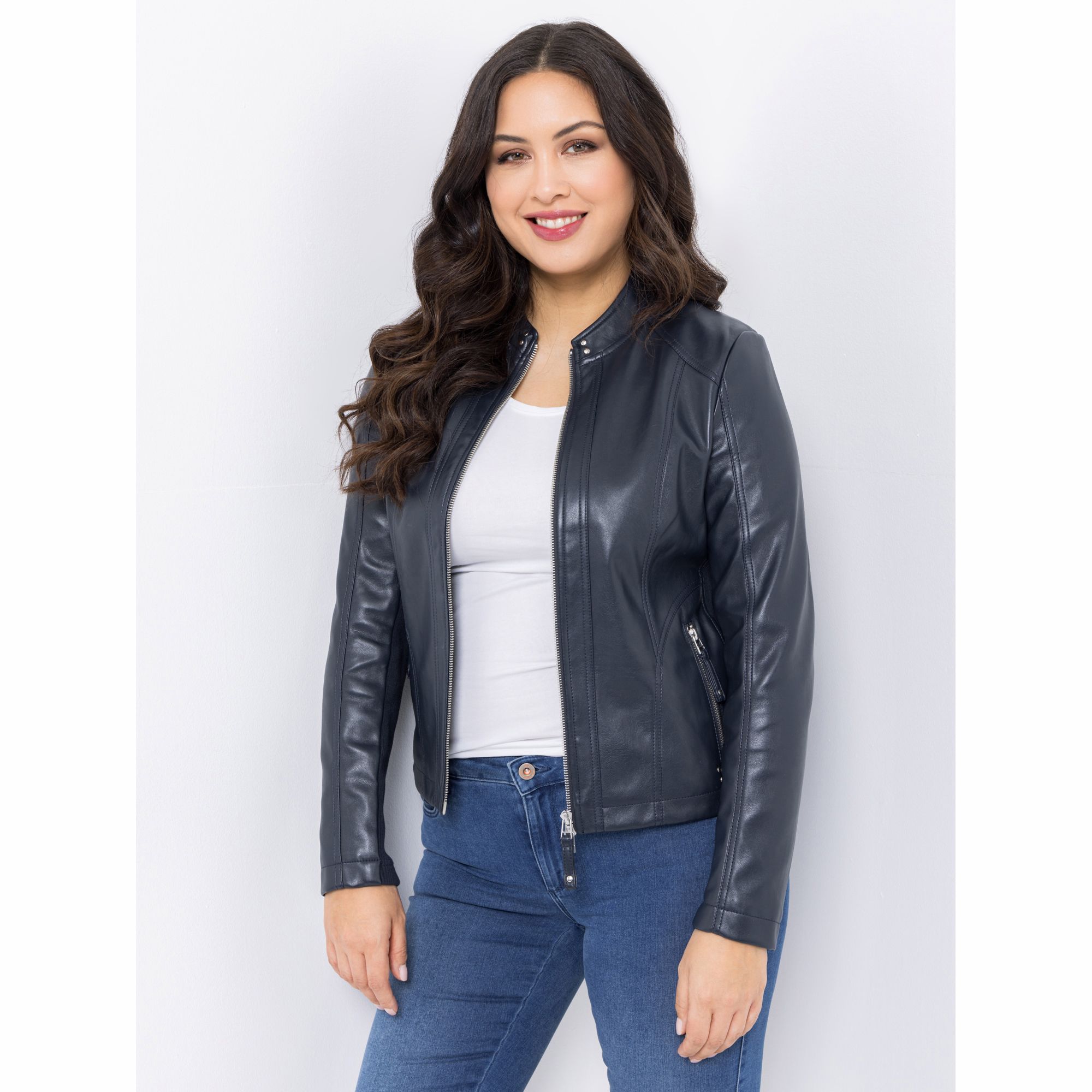 VIA MILANO Jacke, 1/1-Arm Nappaleder-Optik Nietendetails figurbetont