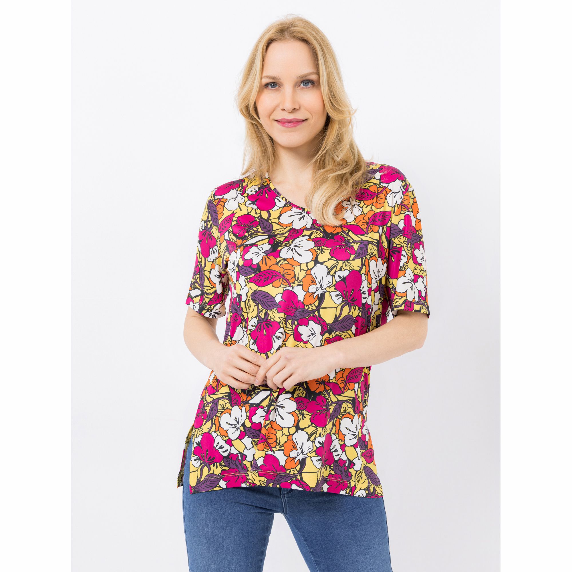 IN-PRINT Shirt, 1/2-Arm V-Ausschnitt Seitenschlitze Blumendruck
