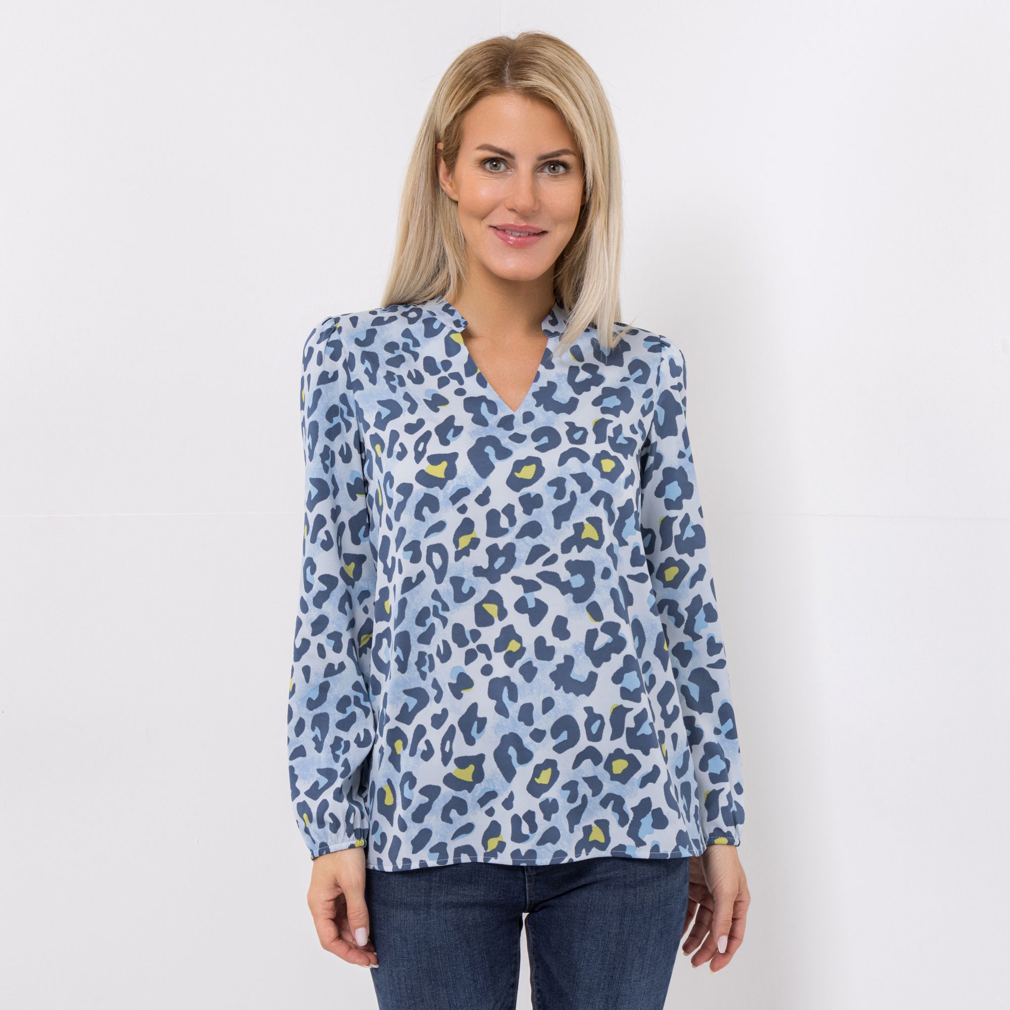 VIA MILANO Bluse, 1/1-Arm Serafino-Kragen Allover-Print figurumspielend