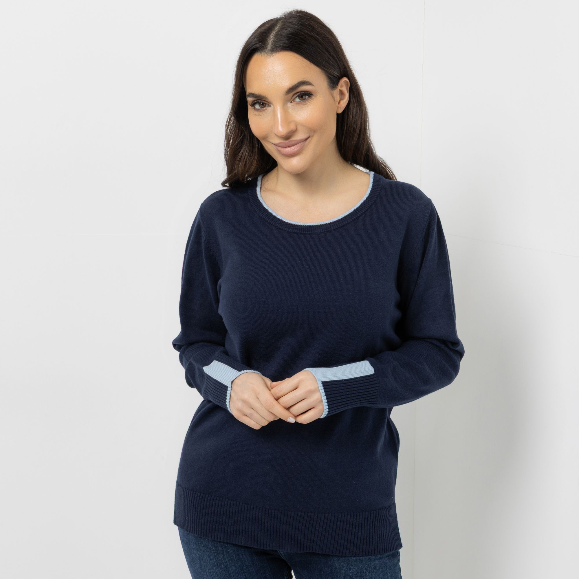 DENIM & CO. Pullover, 1/1-Arm Rundhalsausschnitt Kontrastdetails Seitennahtschlitze