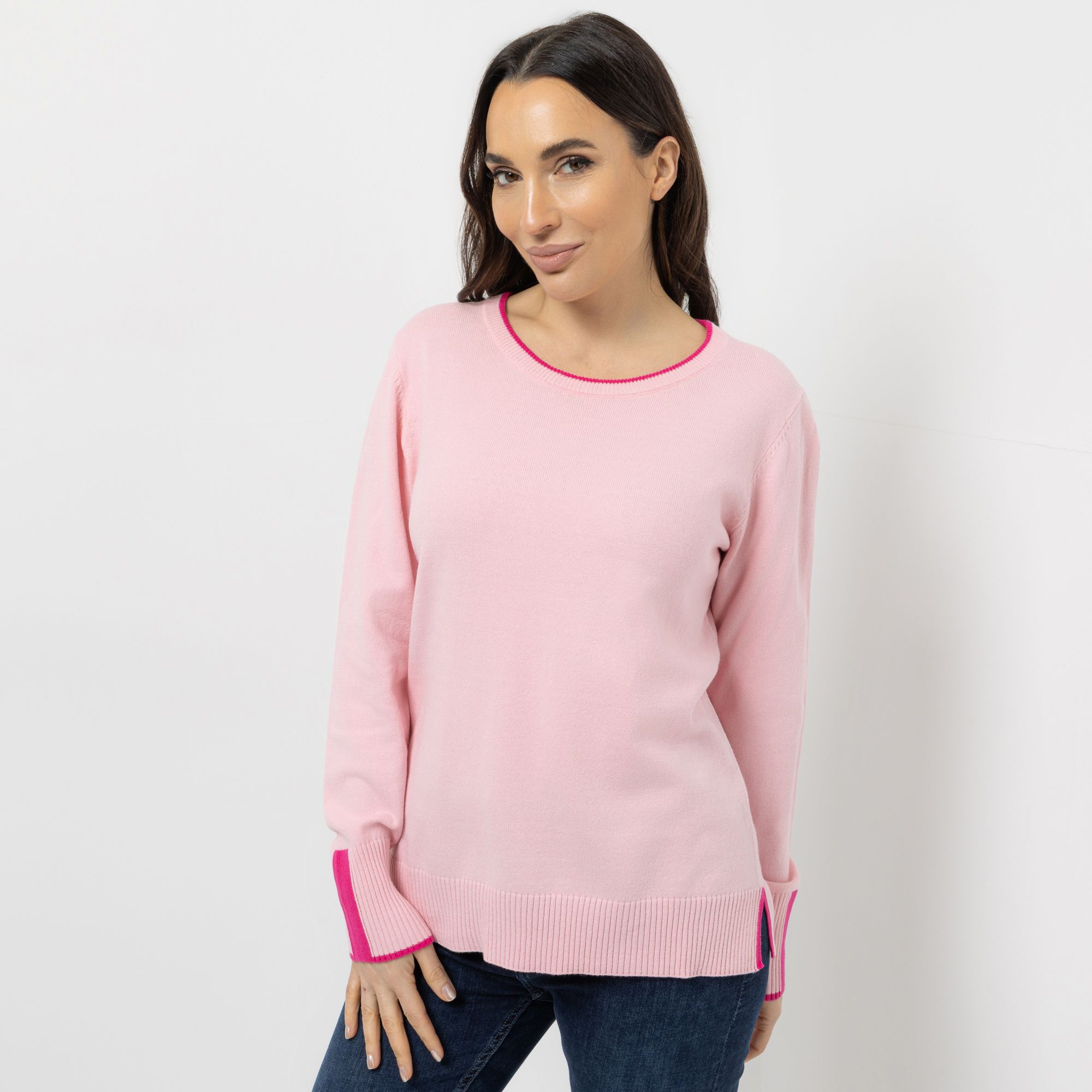 DENIM & CO. Pullover, 1/1-Arm Rundhalsausschnitt Kontrastdetails Seitennahtschlitze