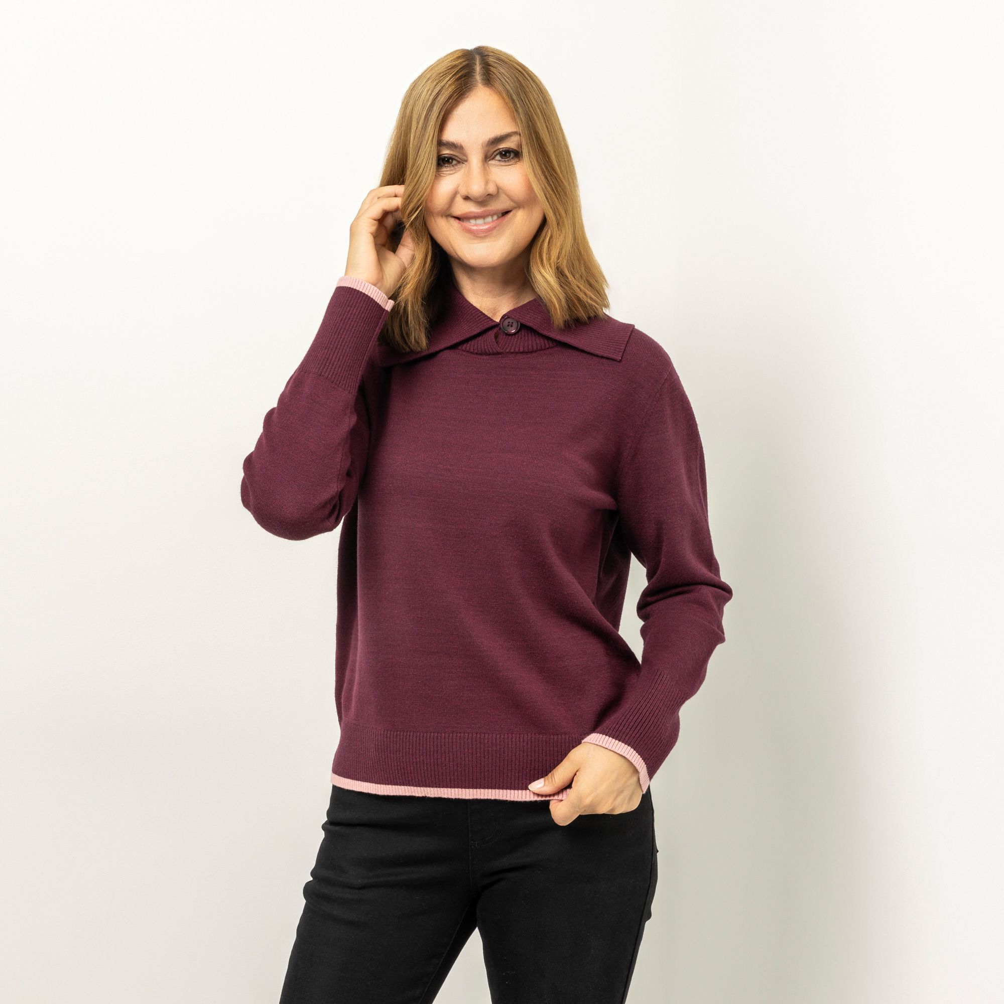 BRUCE DARNELL Pullover, langarm Kragen mit Knopf Kontraststreifen figurumspielend