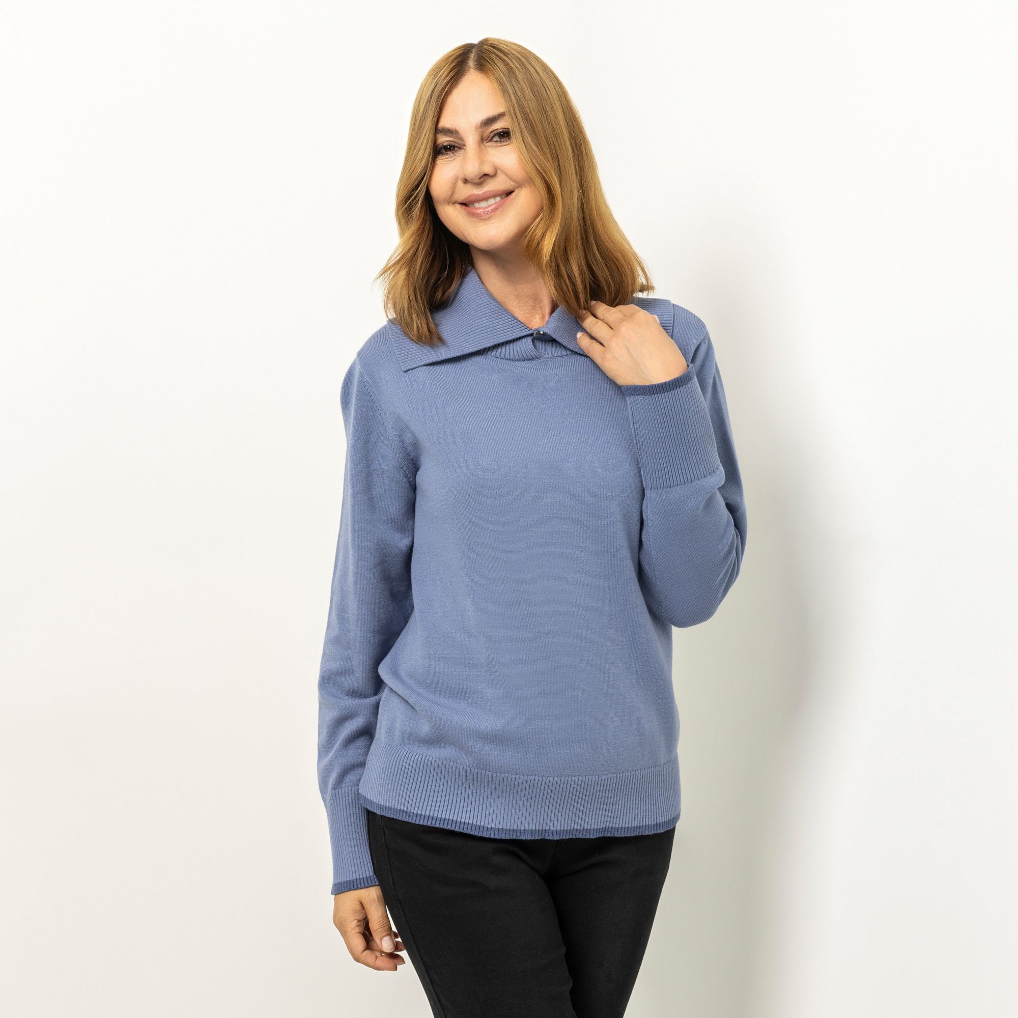 BRUCE DARNELL Pullover, langarm Kragen mit Knopf Kontraststreifen figurumspielend