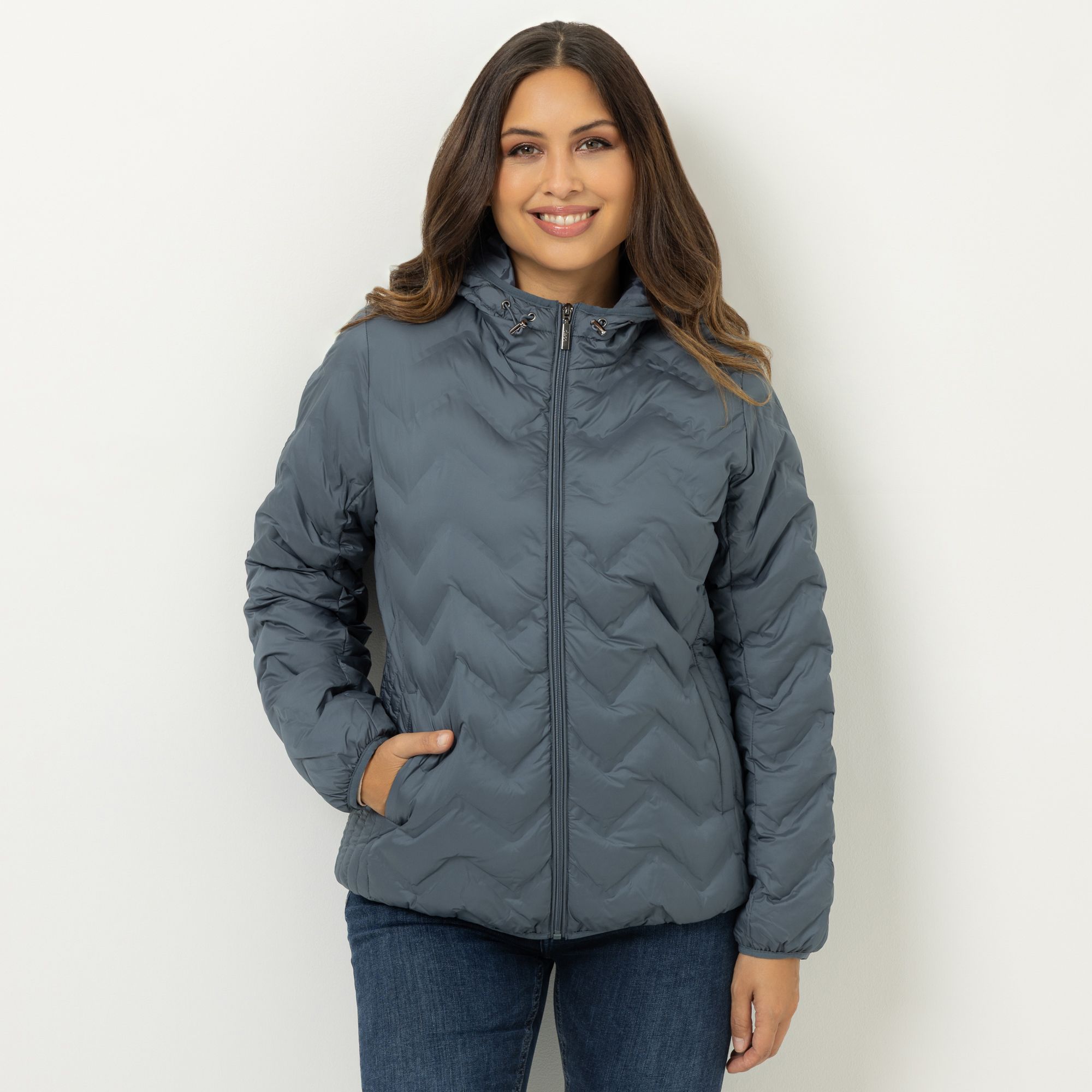 DENIM & CO. Steppjacke Kapuze Eingrifftaschen Zickzack-Steppoptik