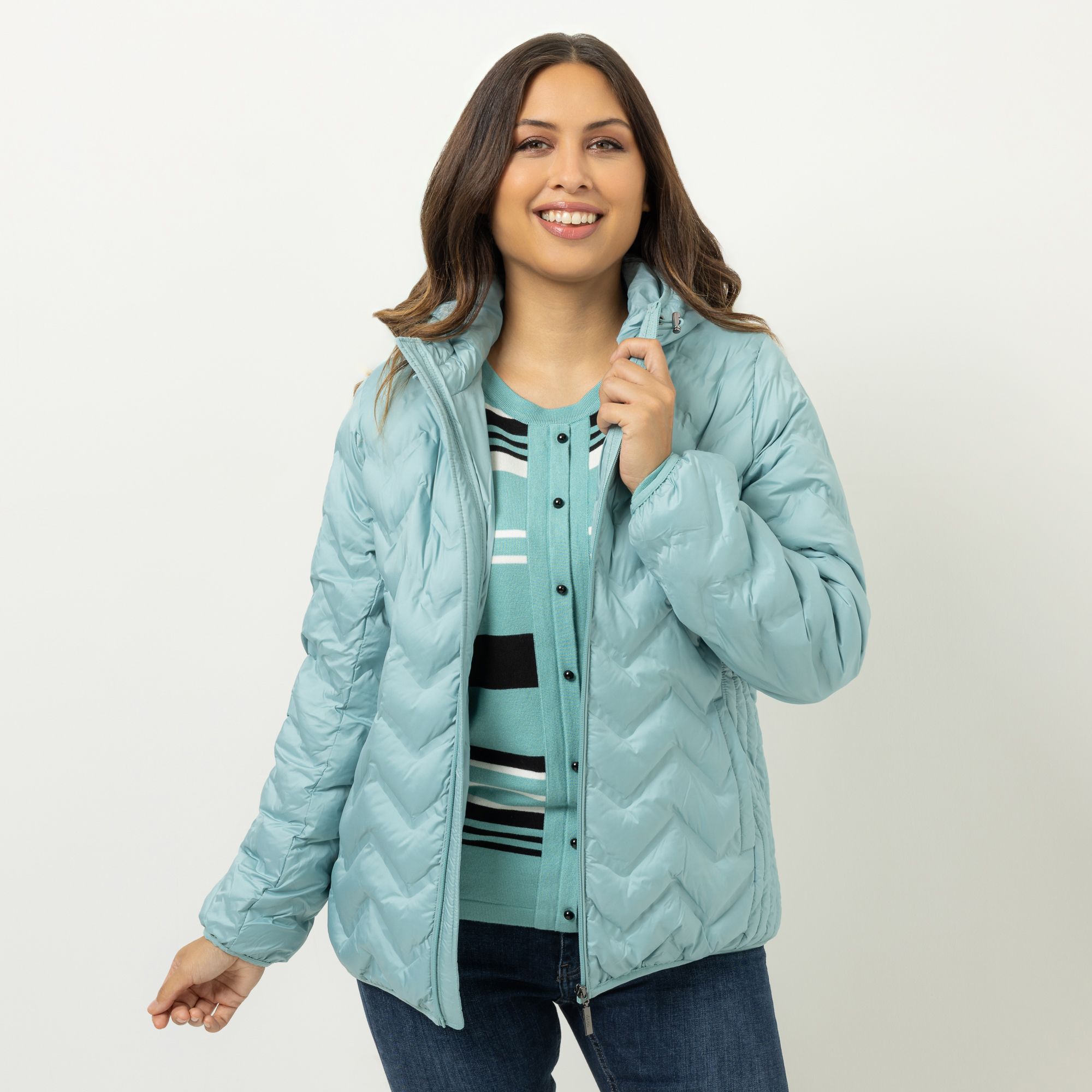 DENIM & CO. Steppjacke Kapuze Eingrifftaschen Zickzack-Steppoptik