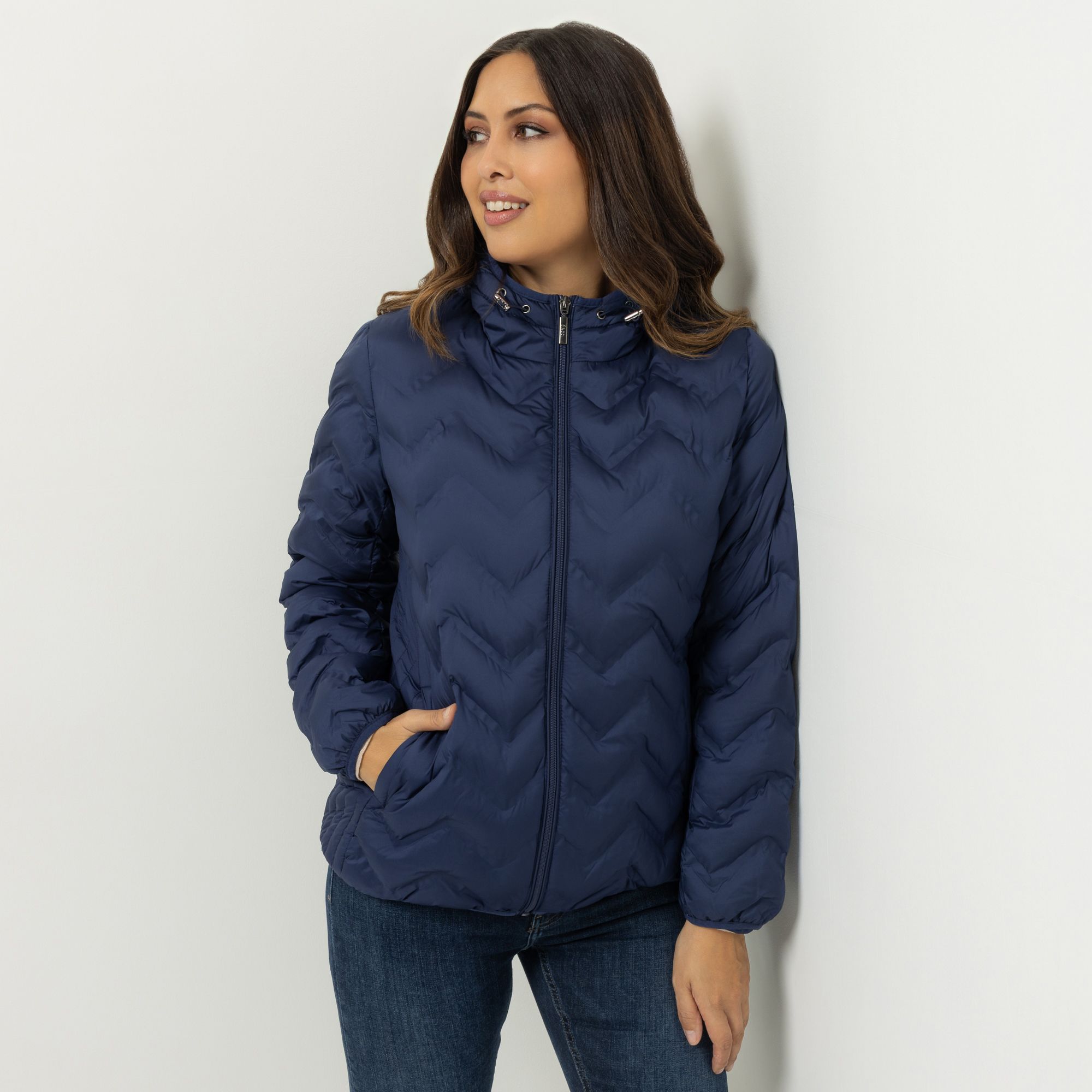 DENIM & CO. Steppjacke Kapuze Eingrifftaschen Zickzack-Steppoptik
