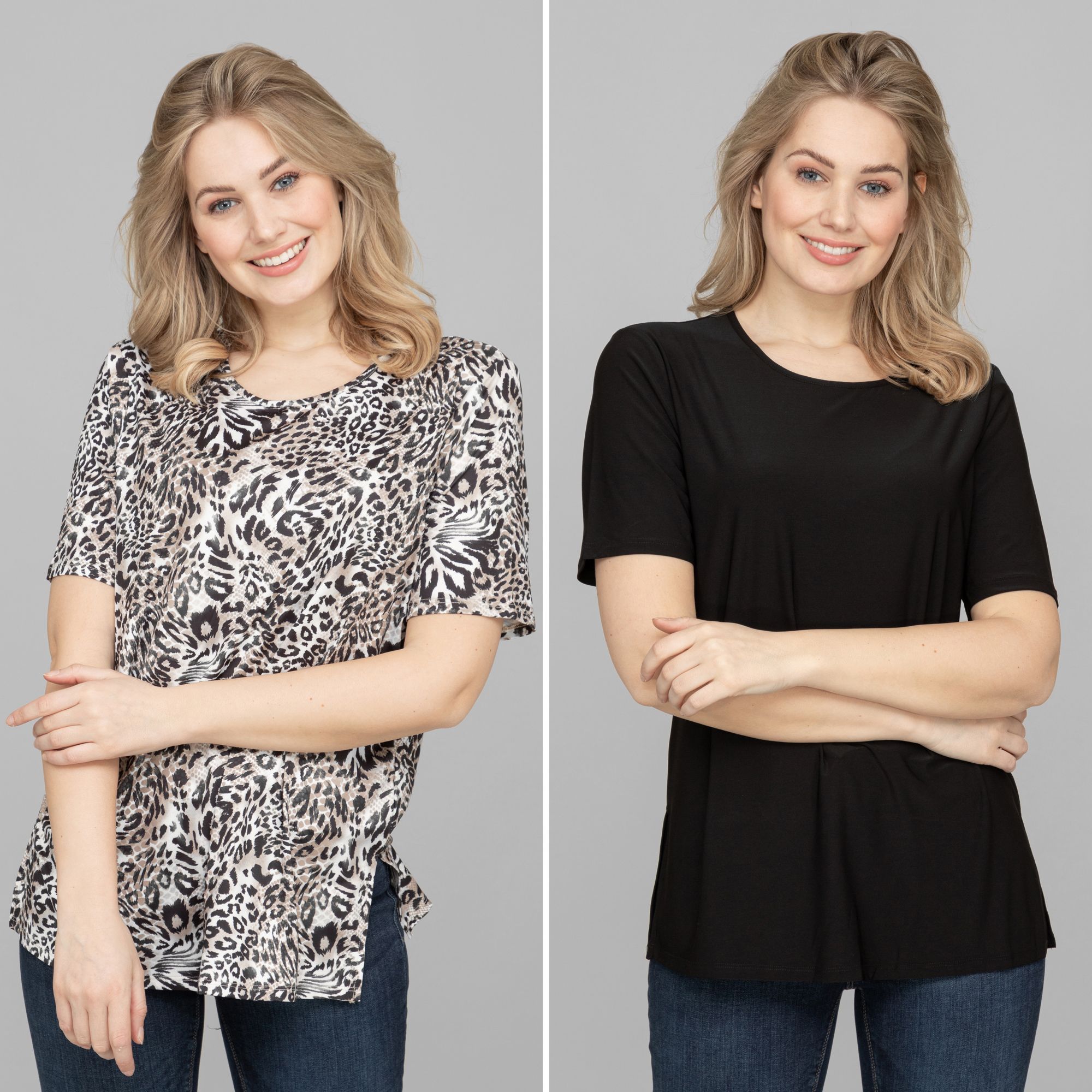 IN-PRINT 2 Shirts, 1/2-Arm Rundhalsausschnitt Seitenschlitze uni und bedruckt