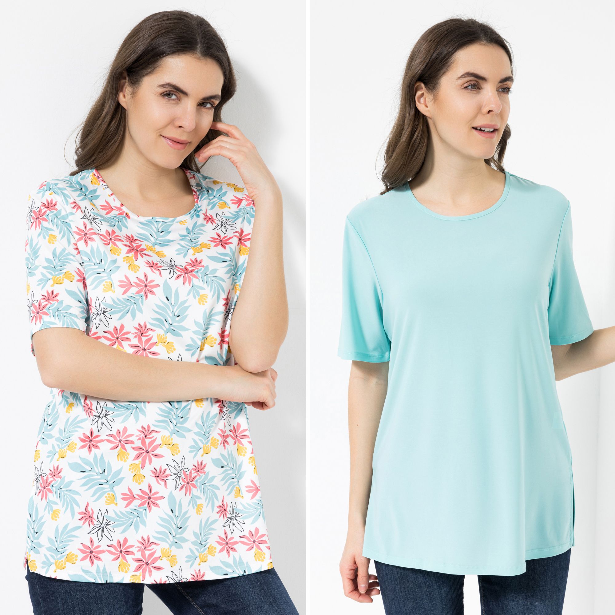 IN-PRINT 2 Shirts, 1/2-Arm Rundhalsausschnitt Seitenschlitze uni und bedruckt