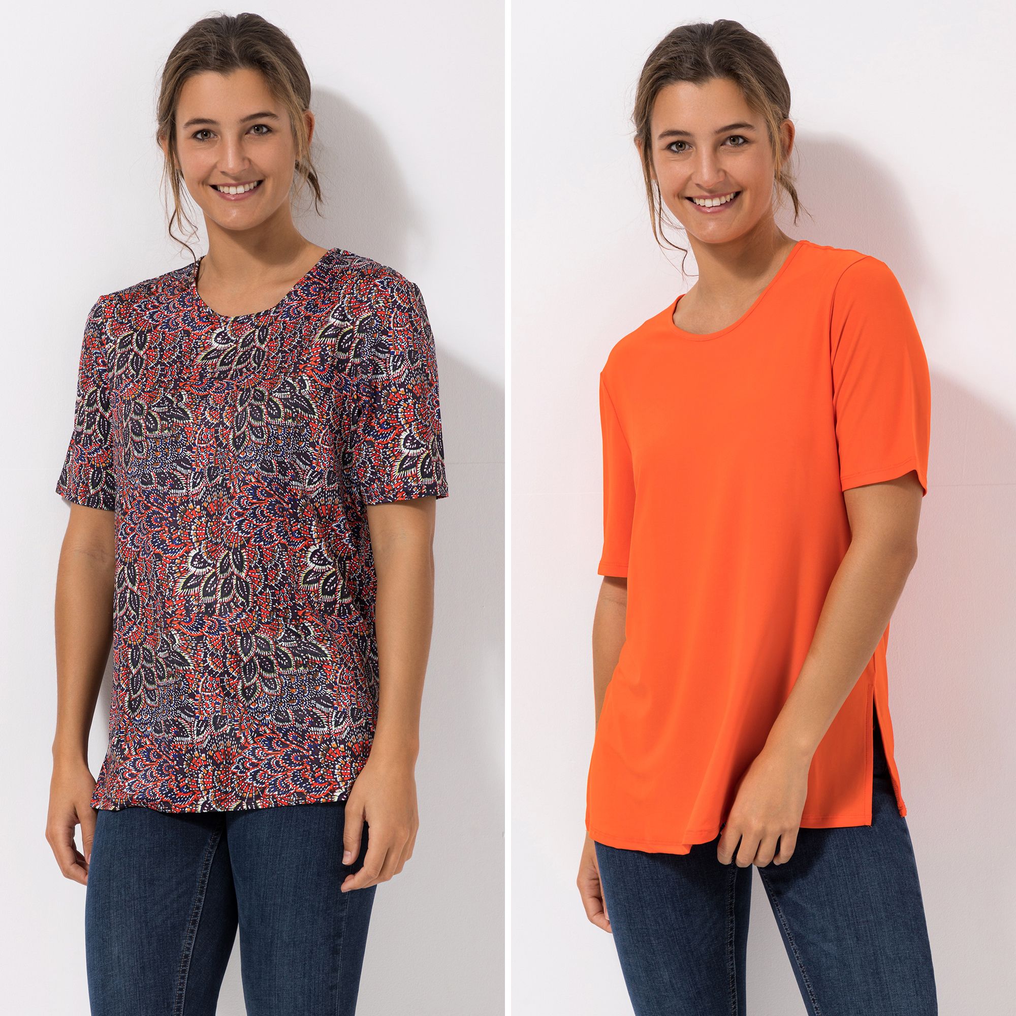 IN-PRINT 2 Shirts, 1/2-Arm Rundhalsausschnitt Seitenschlitze uni und bedruckt