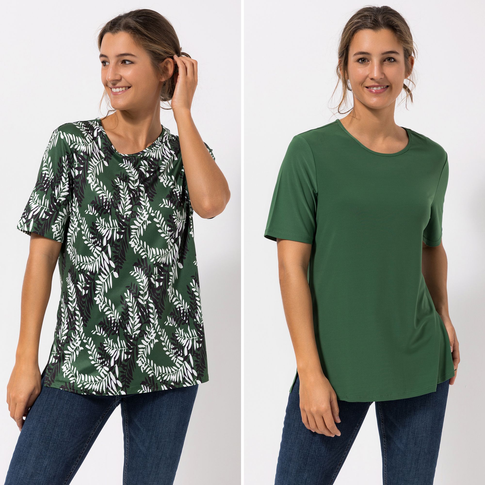 IN-PRINT 2 Shirts, 1/2-Arm Rundhalsausschnitt Seitenschlitze uni und bedruckt