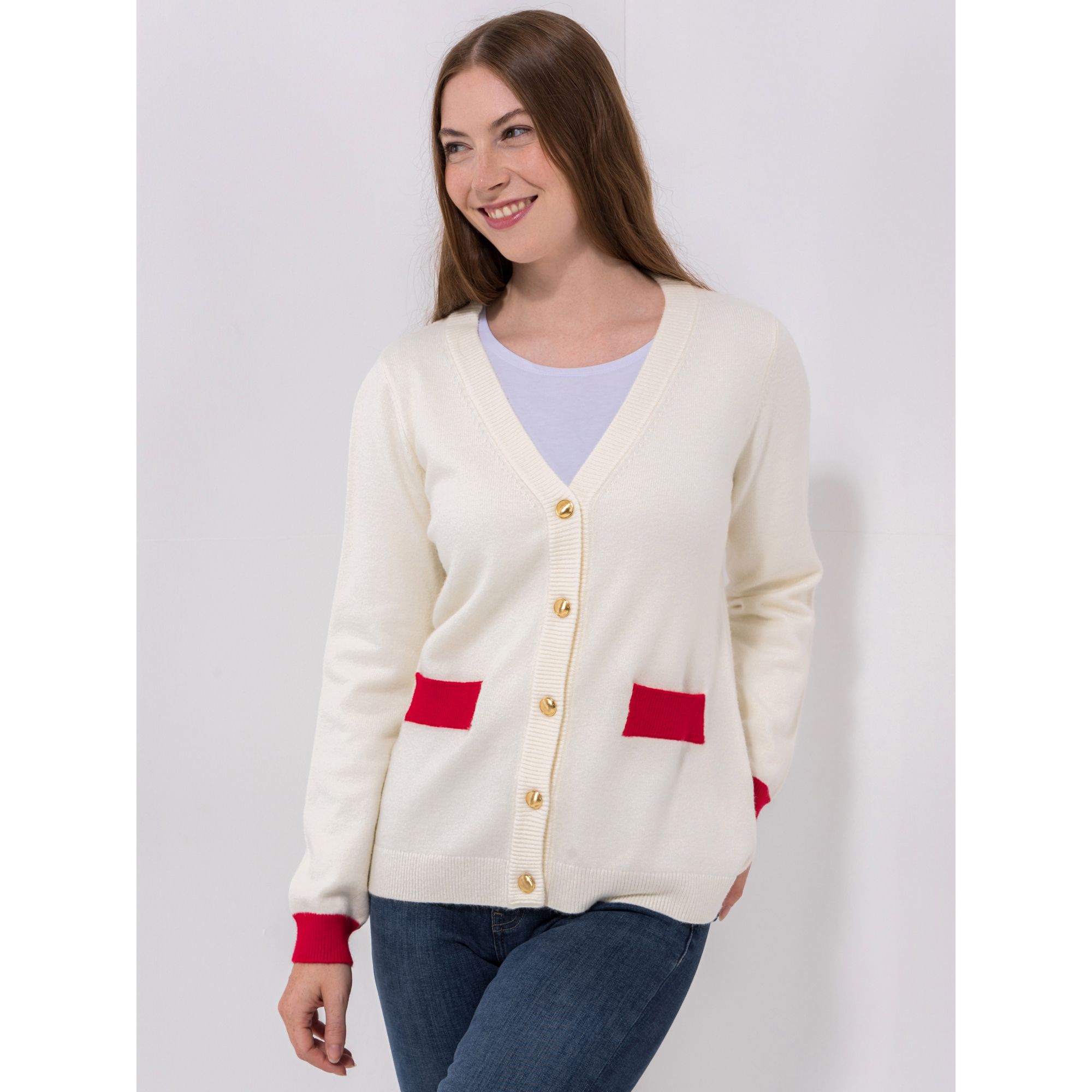 VIA MILANO Cardigan, 1/1-Länge V-Ausschnitt Knopfleiste figurumspielend